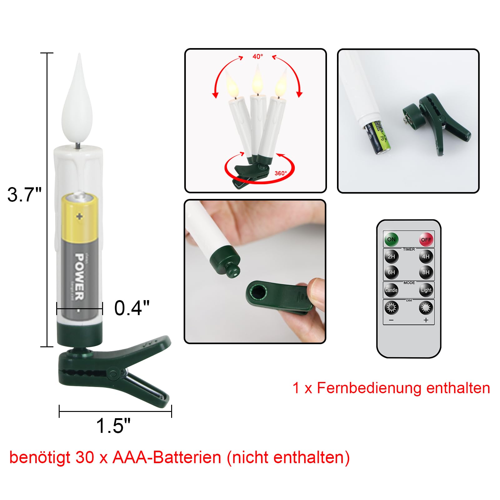 Eldnacele LED Christbaumkerzen kabellos mit Timer, Fernbedienung, 30er Set | Christbaumkerzen LED kabellos, Weihnachtsbaum Kerzen LED ohne Kabel, Baumkerzen mit Clip, flackernde Flamme, dimmbar, Weiß