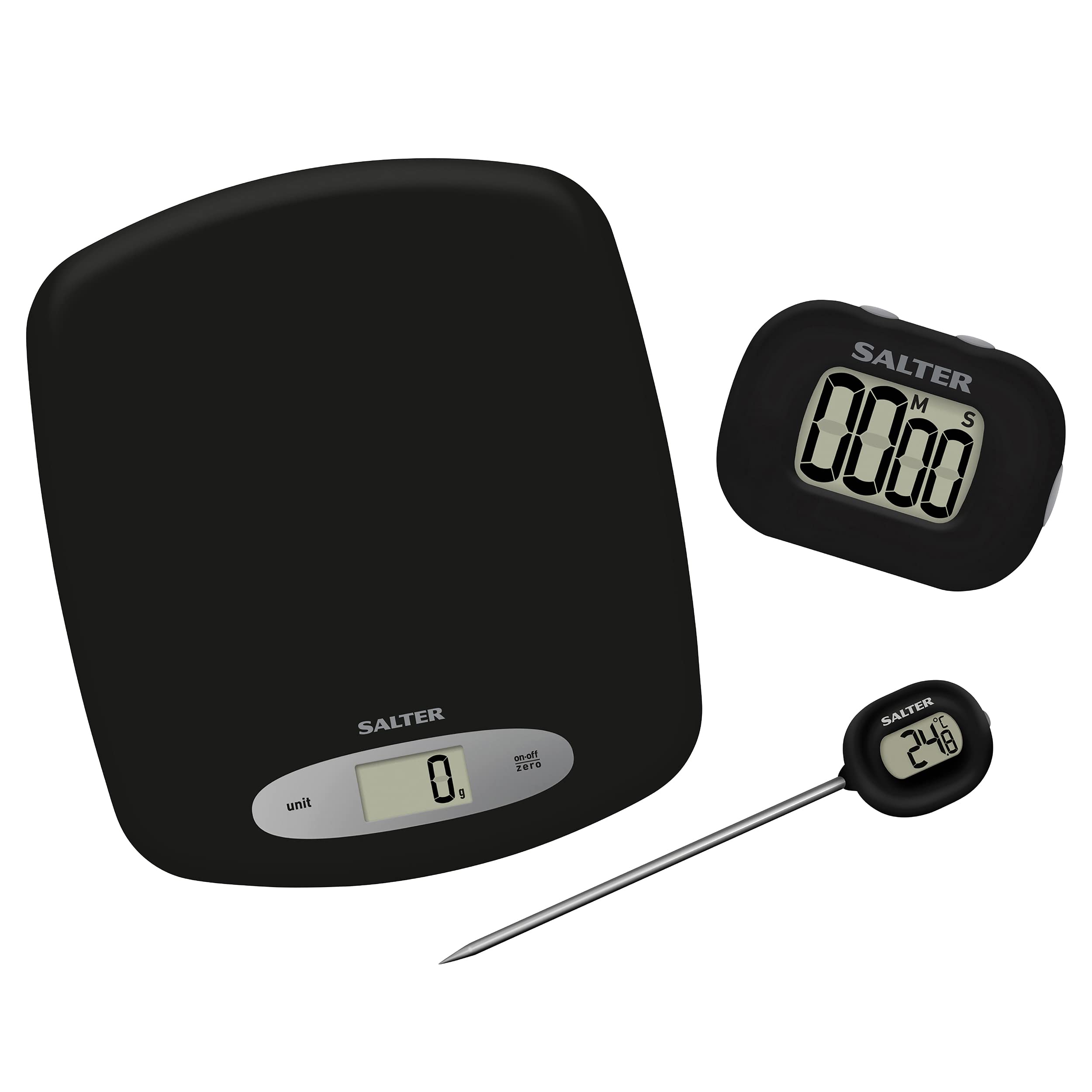 Salter1008 GSBKXR 3-Piece Measuring Set - Kitchen Scale, Instant Read Thermometer & Timer, Kitchen Beginners Set, Air Fryer Probe, 5kg Digital Scale, Thermometer with 0.1 °C Graduations, Easy Read