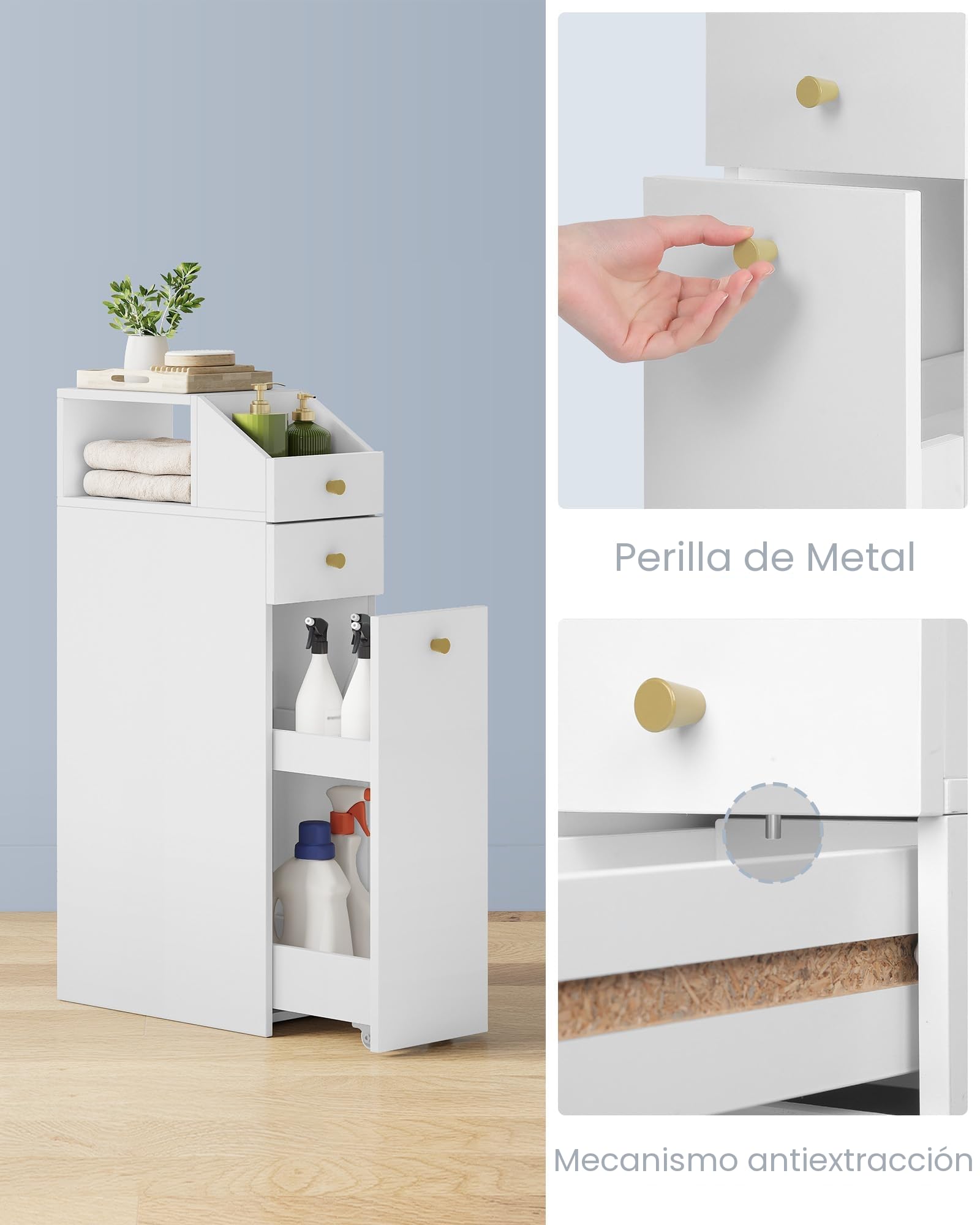 Hzuaneri Mueble de Baño, con cajones, Estrecho de Pie, Pequeño Mueble para Papel higiénico, Mueble Baños Pequeño, Fondo con Ruedas, para Baño, Cocina, Salón, 40 x 20 x 80 cm, Blanco BC22003X