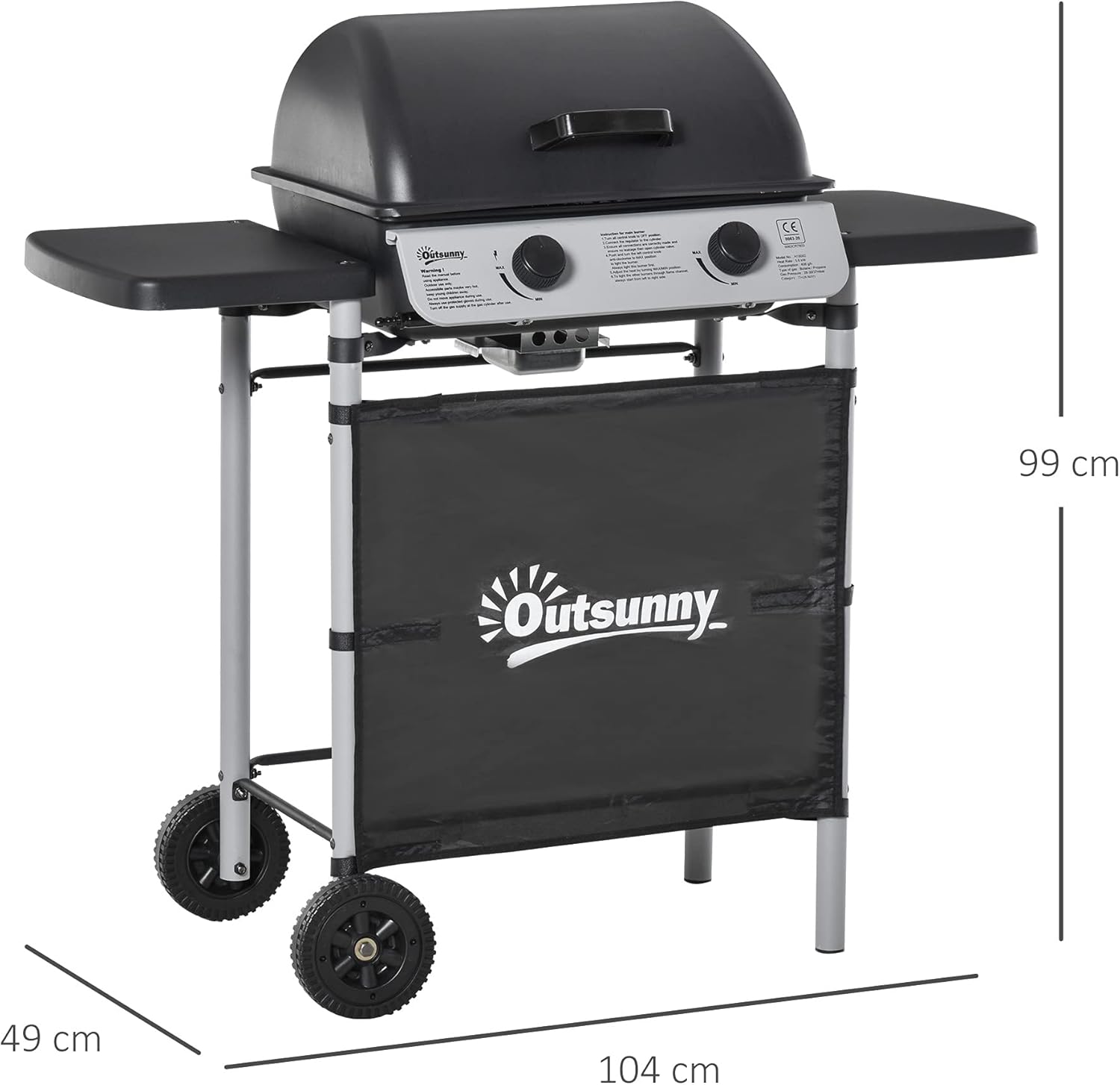 Outsunny Barbecue a Gas con Coperchio e 2 Bruciatori Totali da 5.6kW, BBQ in Acciaio con Ruote e Mensole, 104x49x99cm Nero Outsunny Barbecue a Gas con Coperchio e 2 Bruciatori Totali da 5.6kW, BBQ in Acciaio con Ruote e Mensole, 104x49x99cm Nero