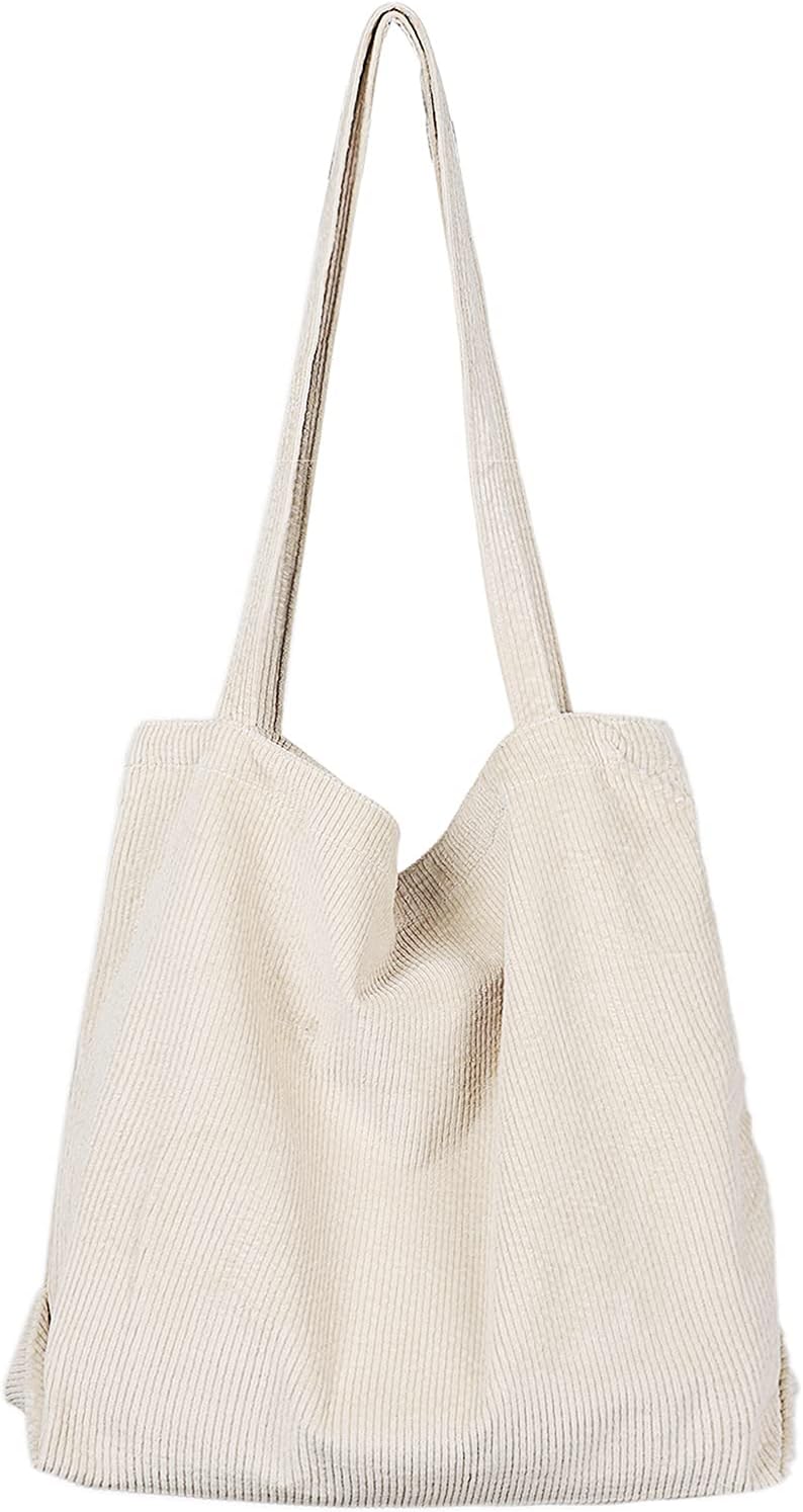Etercycle Women Corduroy Tote Bag, Casual Handbags Big Capacity Shopping Shoulder Bag with Pocket (Cream)