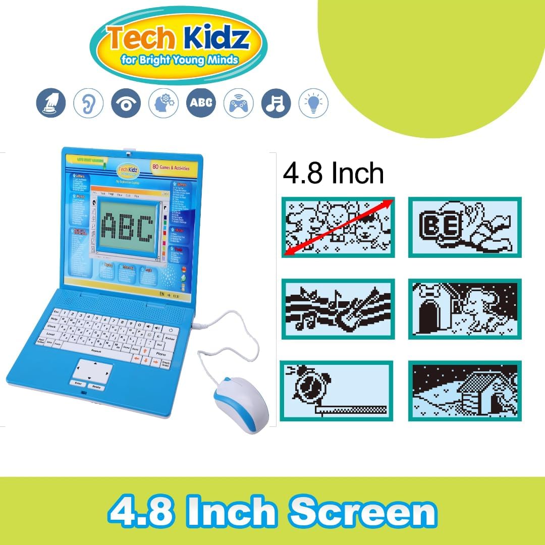Tech Kidz - STEM Toy Computer Educational Learning Laptop, 80 Challenging Learning Activities to Learn Mathematics, Words, Logic, Typing, LCD Screen with Backlight, Mouse Included, Ages 4+ (Blue)