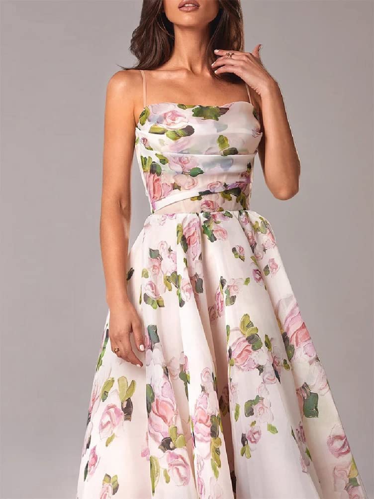 ORANDESIGNE Vestido de Flores Vintage para Mujeres Vestido de Espagueti sin Mangas de Fiesta Rockabilly Vestido Midi de Cóctel Columpio Boda Bola