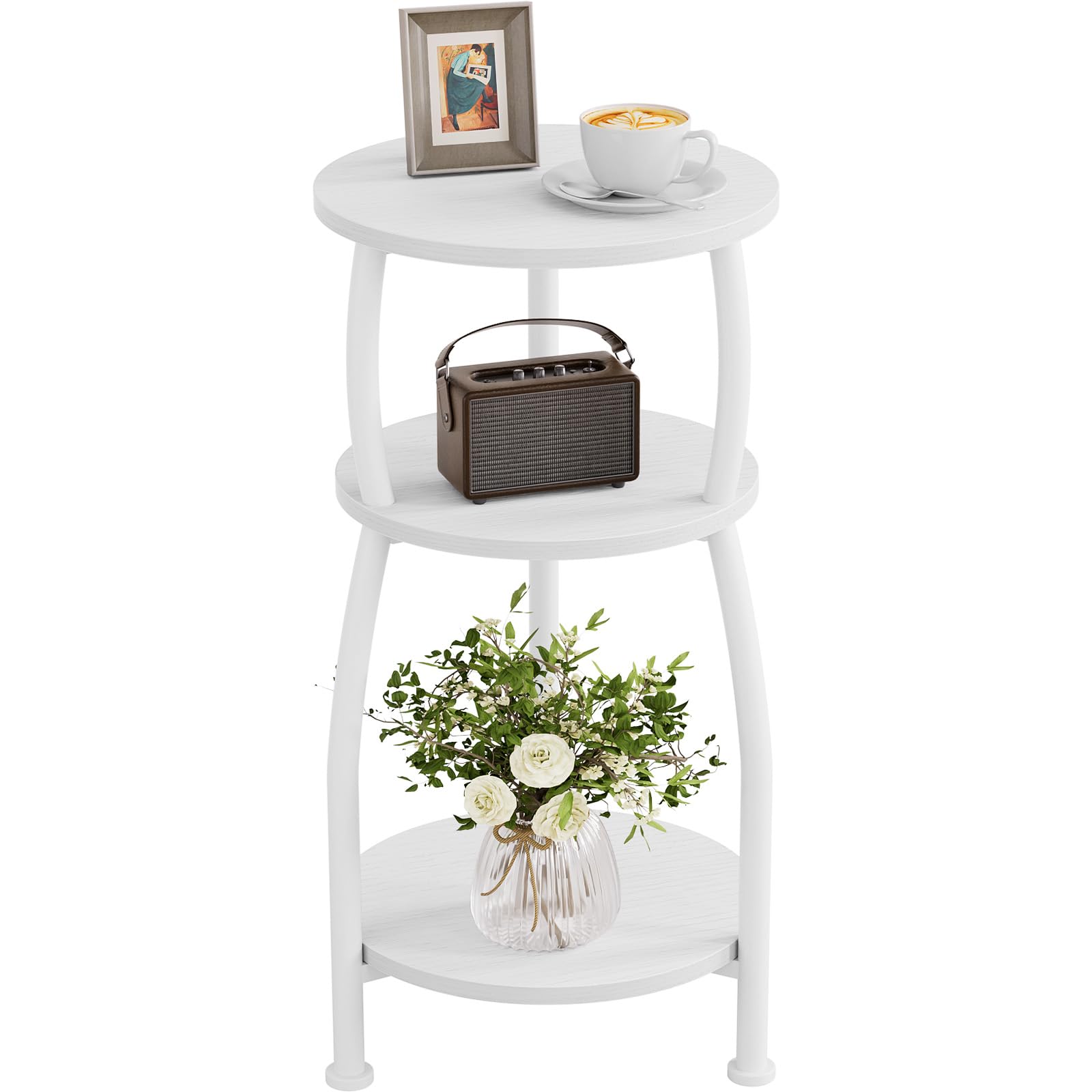 Yuede Round Side Table, 3 Tier Slim Round Coffee Table, Small End Table with Storage Shelf, Bedside Table, for Living Room, Bedroom, Small Space, Metal Frame, Vintage, 30 x 55 cm (White) — image 1
