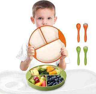 Freebala Silicone Suction Plates for Babies & Toddlers | 100% Silicone Plates Sets with Forks and Spoons | Strong Suction | Microwave & Dishwasher Safe | Divided Design | Two-Color Design | 2-Pack