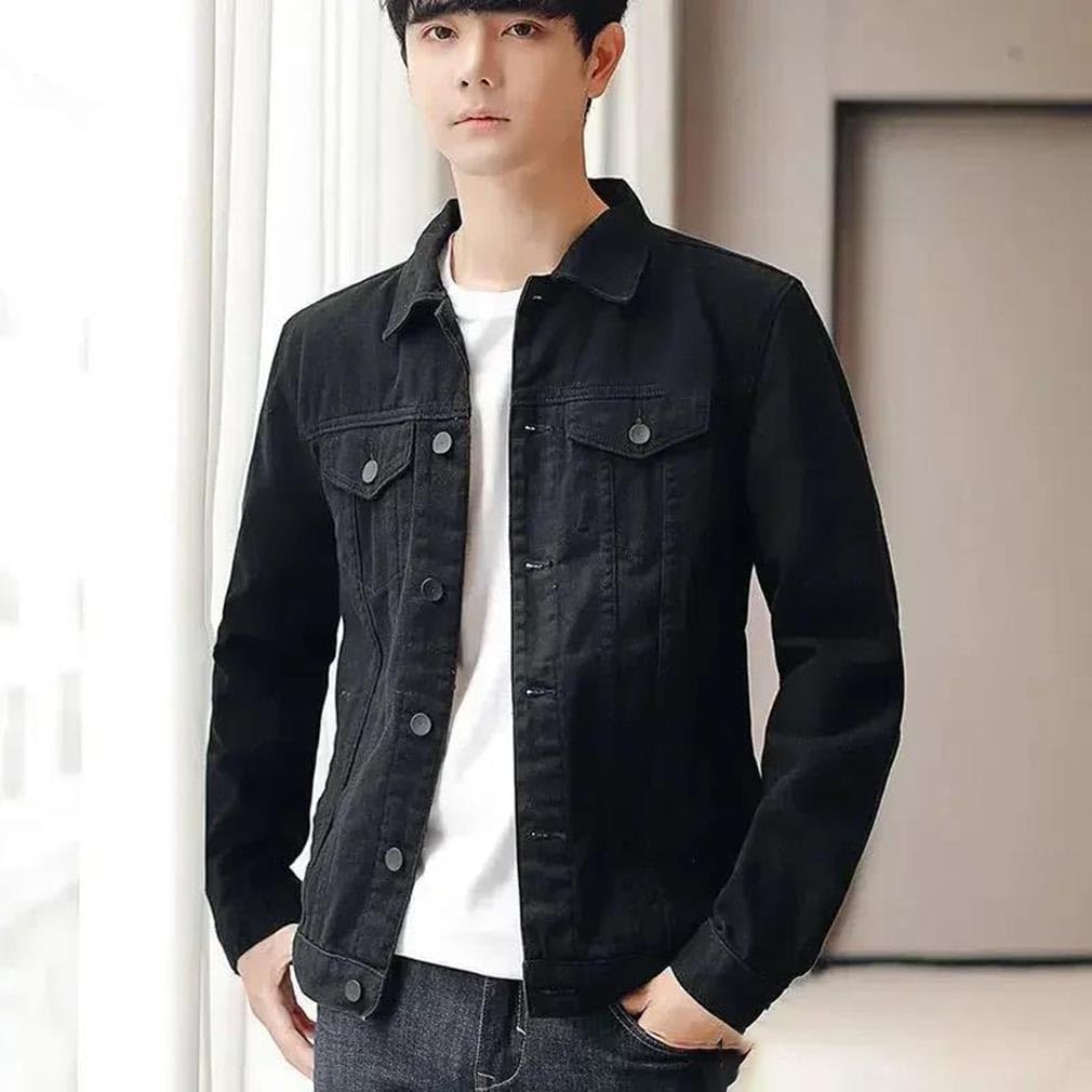Men’S Casual Jean Jacket Lapel Solid Color Button Up Denim Coat For Spring Fall