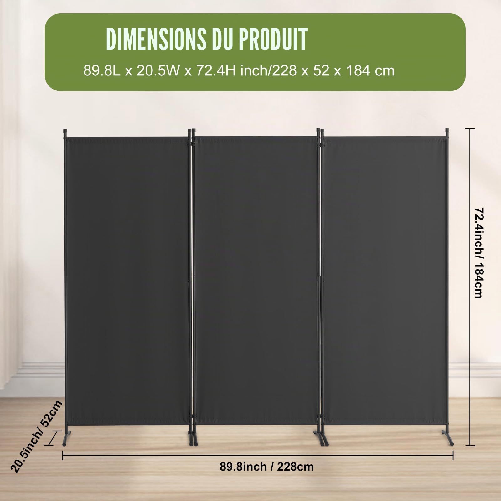 VEVOR Cloison de séparation en tissu, séparateur de pièce pliable à 3 panneaux, paravent de confidentialité intérieur pour bureau, chambre, salle à manger, maison, autoportant, 228 x 52 x 184 cm, gris