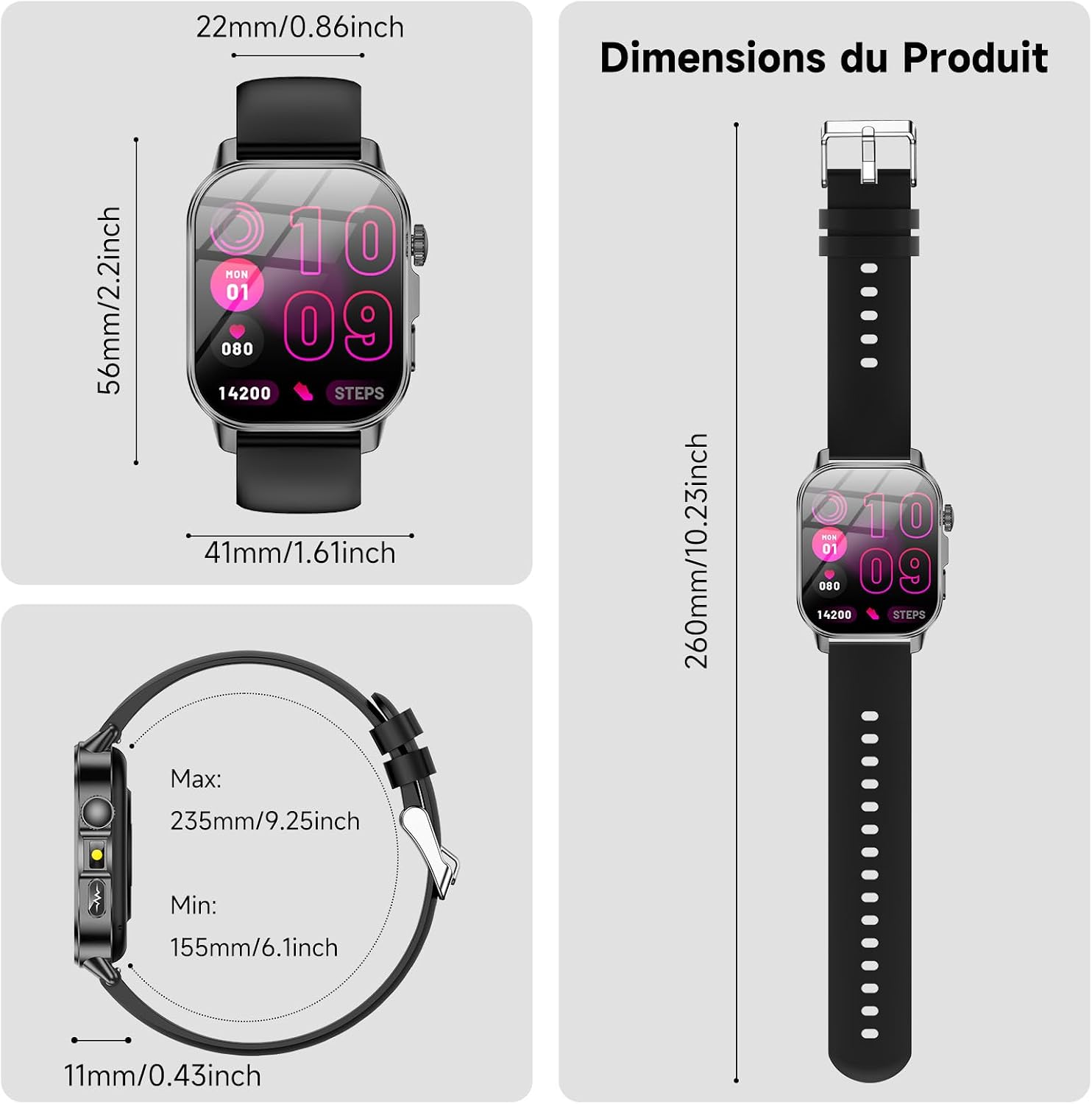 Diagram showing the dimensions of the Marsyu MT500 Smartwatch, including watch face height, width, thickness, and band length.