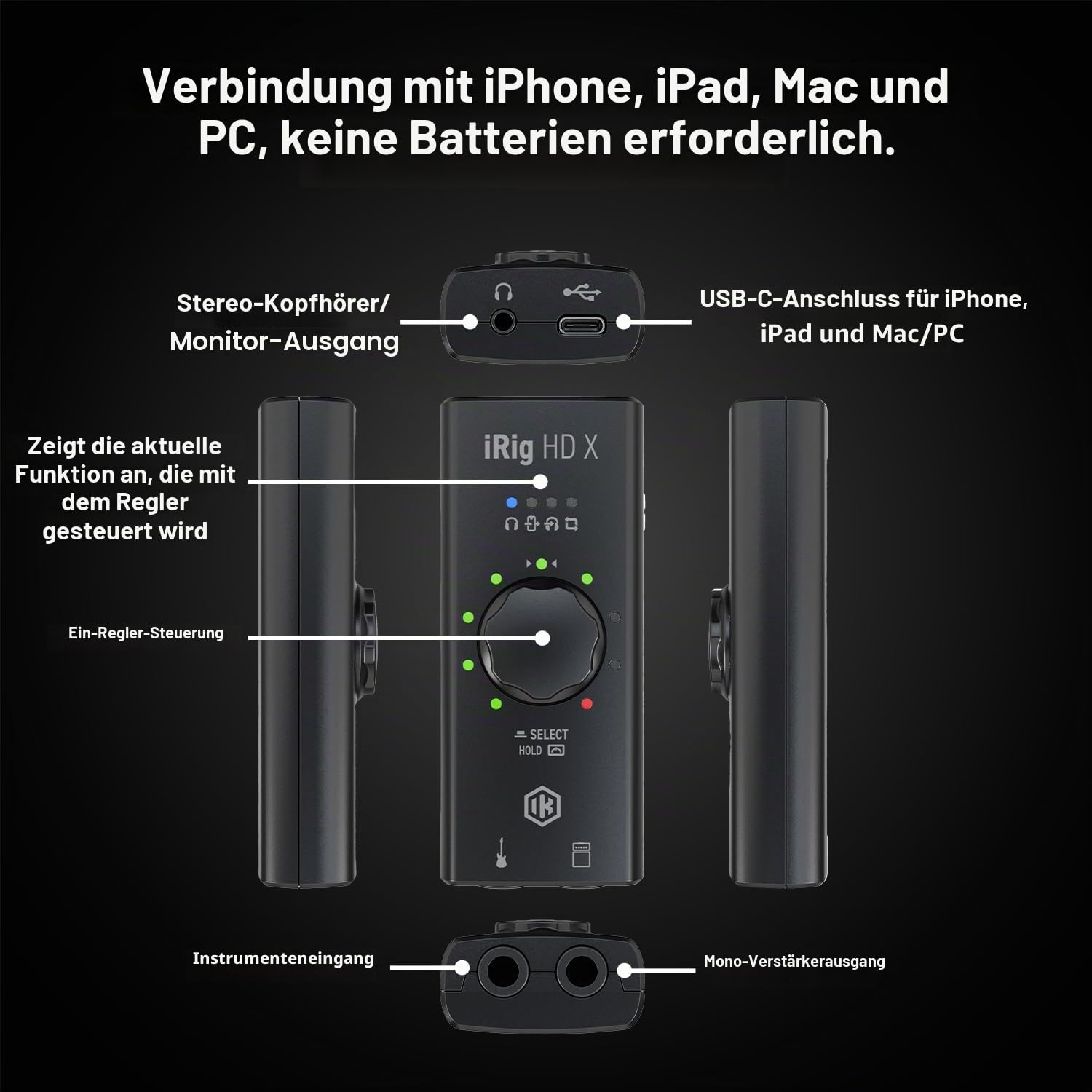 IK Multimedia iRig HD X Gitarren-Interface (Multi-Color LED Signalanzeige, integriertes Stimmgerät, kompatibel mit iPhone, iPad, Mac und PC, Vorverstärker, inkl. USB-C und Lightning Kabel)
