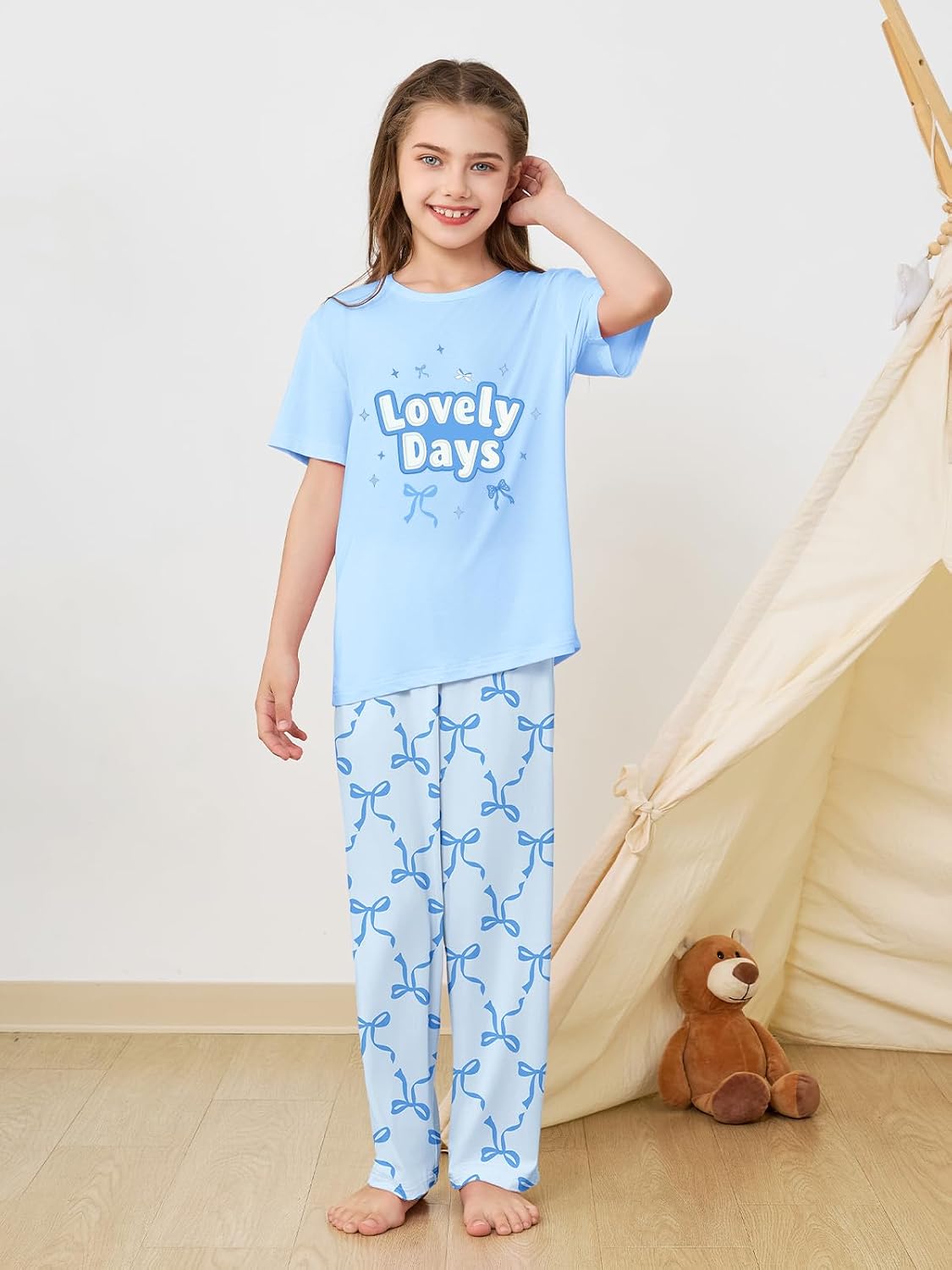 Umeyda Girls Pajamas Lyocell Short Sleeve Teens Pjs Set With Pant Pockets