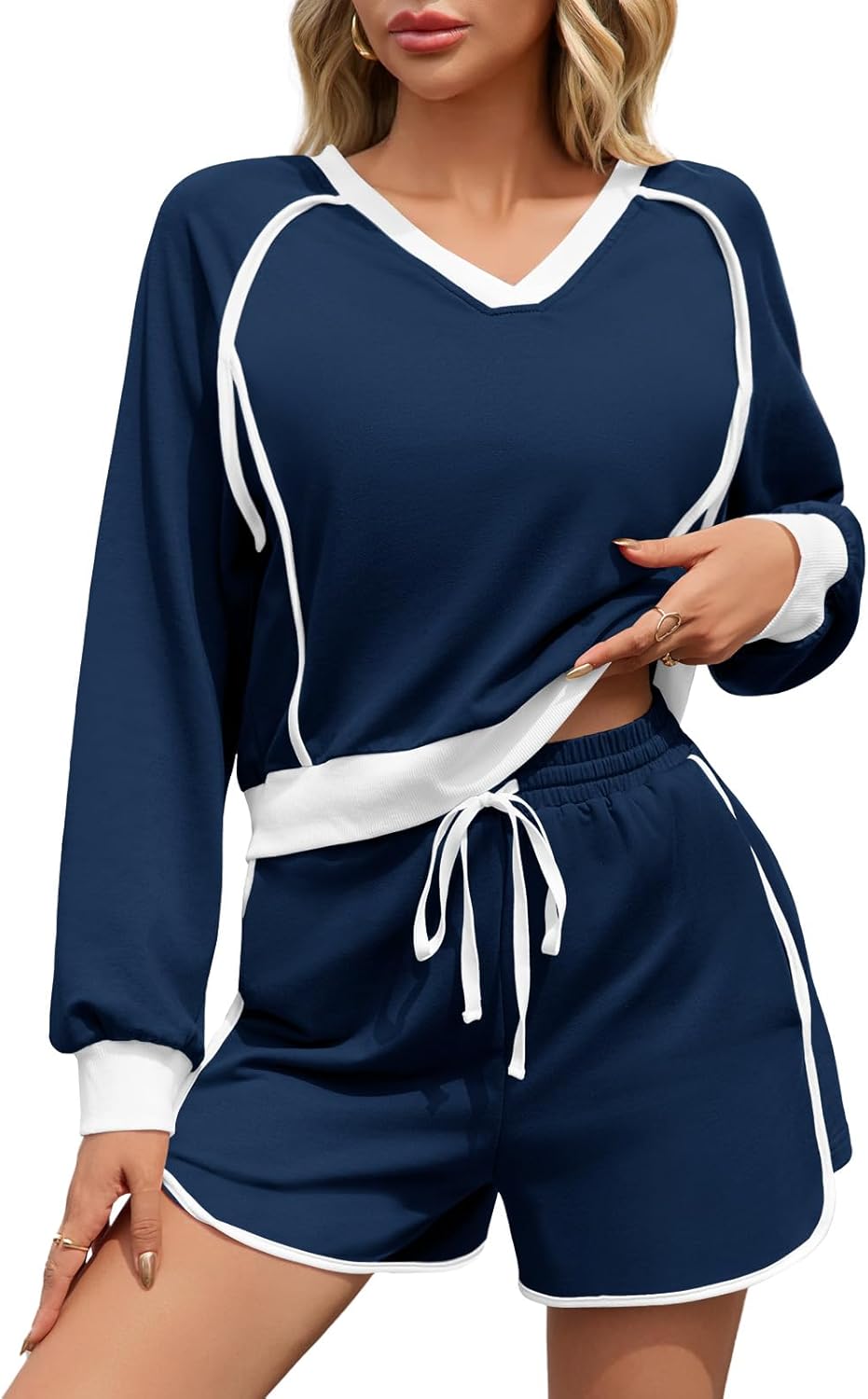 Fisoew Womens 2 Piece Outfits Casual V Neck Cropped Sweatshirt High Waisted Workout Shorts Sets Loose Tracksuits