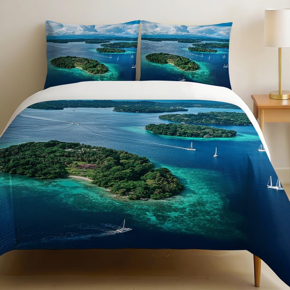 Housse de couette 240 x 260 paysage océan bleu parure lit 2 personnes microfibre