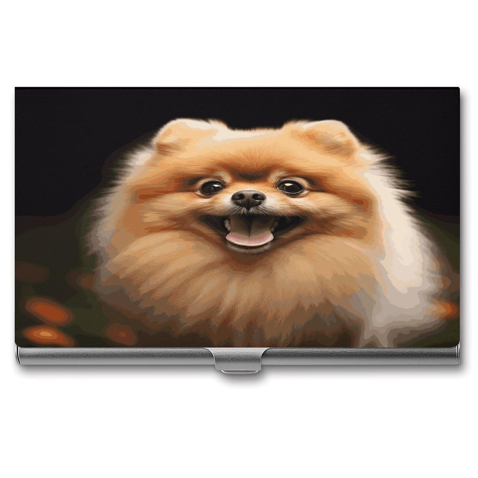 LDGSUPH Pomeranian Business Card Holder Fashion Slim Name Card Holder Minimalist Design Case Metal Card Carrier Personalized Business Card Case with Flip for Men Women
