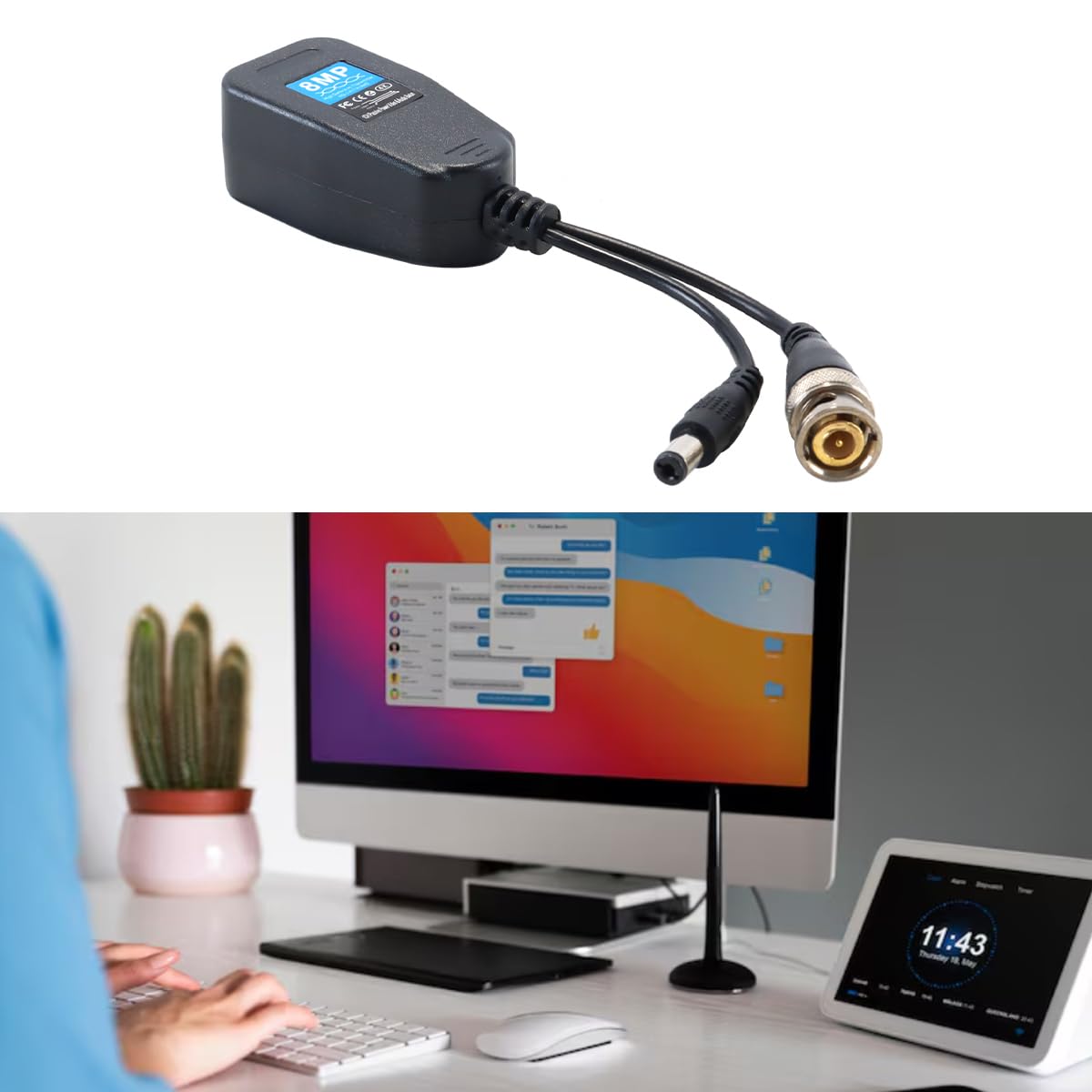Émetteur à Paire torsadée 2 pcs pv 2-en-1, connecteur émetteur-récepteur d'alimentation vidéo bnc avec signaux HD-cvi, HD-tvi, HD-ahd