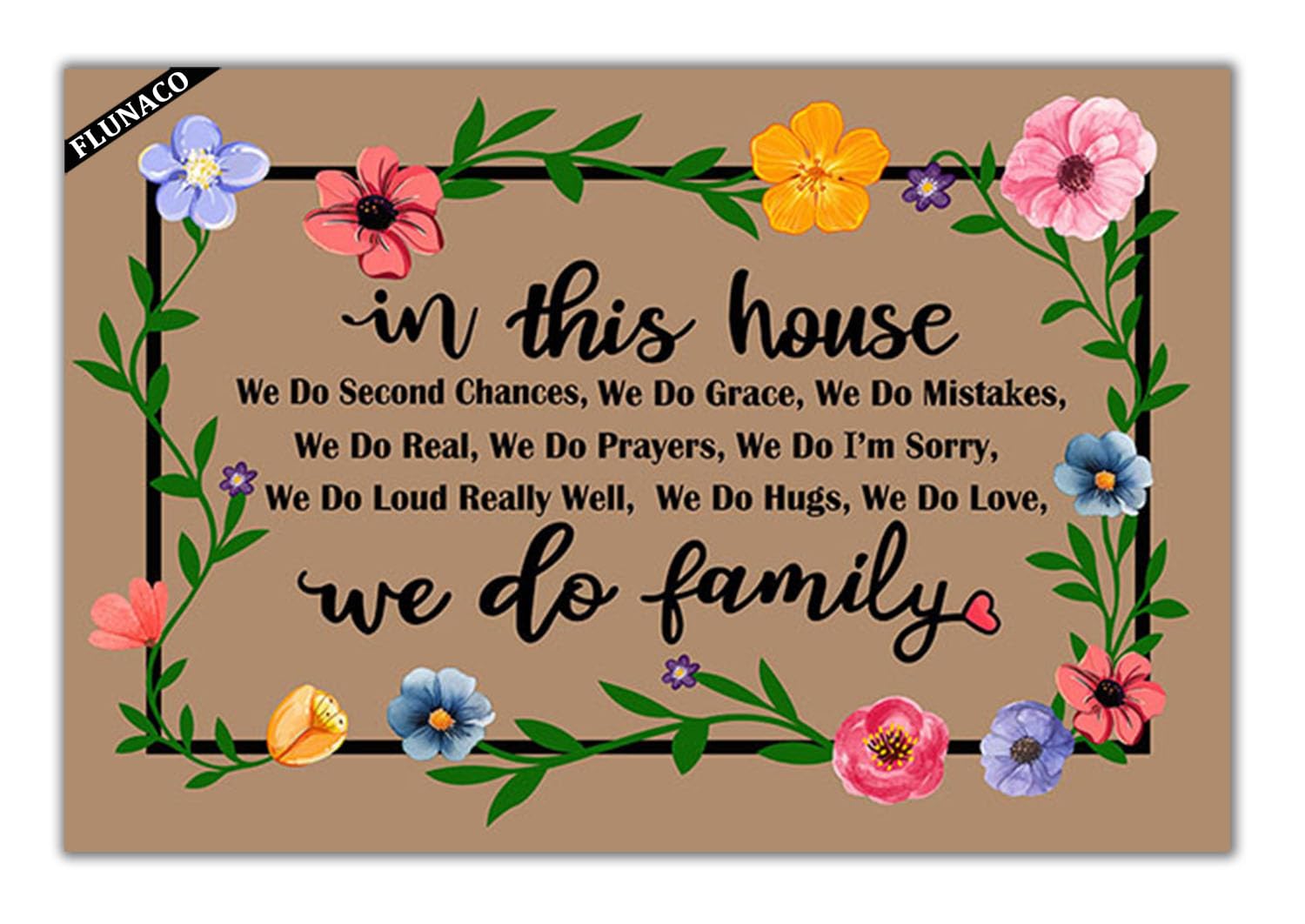 FLUNACO Farmhouse Welcome Door Mat - in This House We Do Family Mat, Home Doormat, Rustic Farmhouse Doormat 23.6" x 15.7"