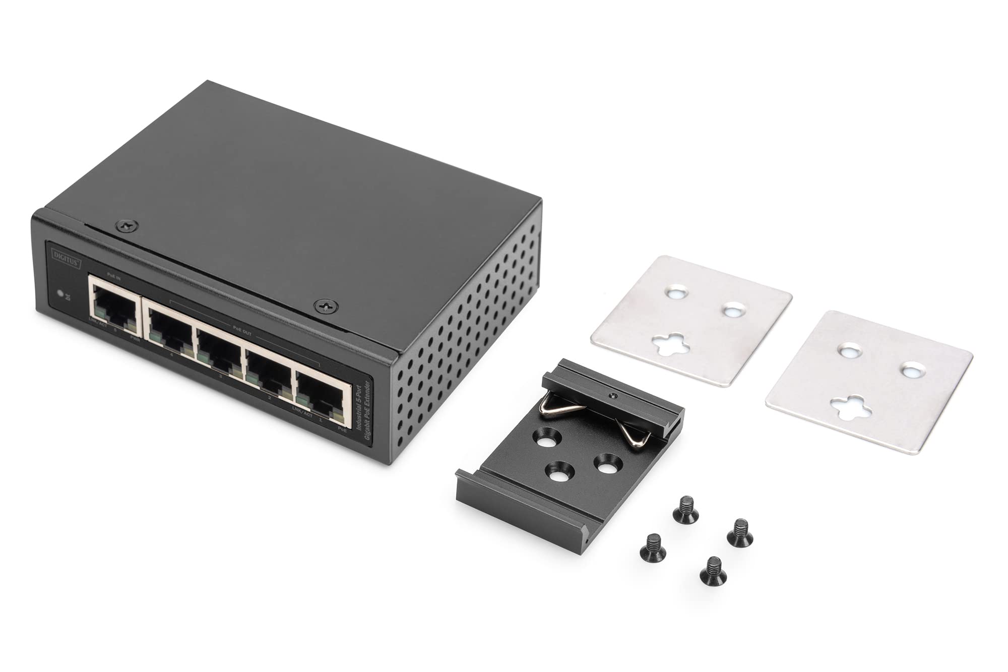 DIGITUS Extensor PoE Gigabit Industrial de 5 Puertos - 1 Puerto RJ45 de Entrada 802.3bt - 4 Salidas RJ45 PoE 802.3af/at - conectable en Cascada - 10/100/1000 Mbit/s - Negro