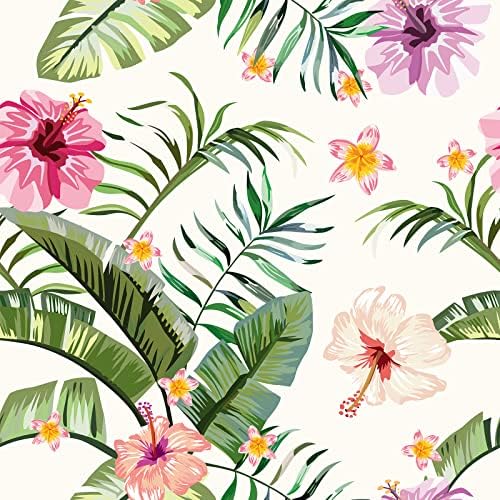VaryStyle 17.7"x118" Tropical Wallpaper Peel and Stick Floral Beige/Green Banana Leaf Palm Hibiscus Flower Wallpaper for Bedroom Removable Self Adhesive Floral Contact Paper for Cabinets Shelves Walls
