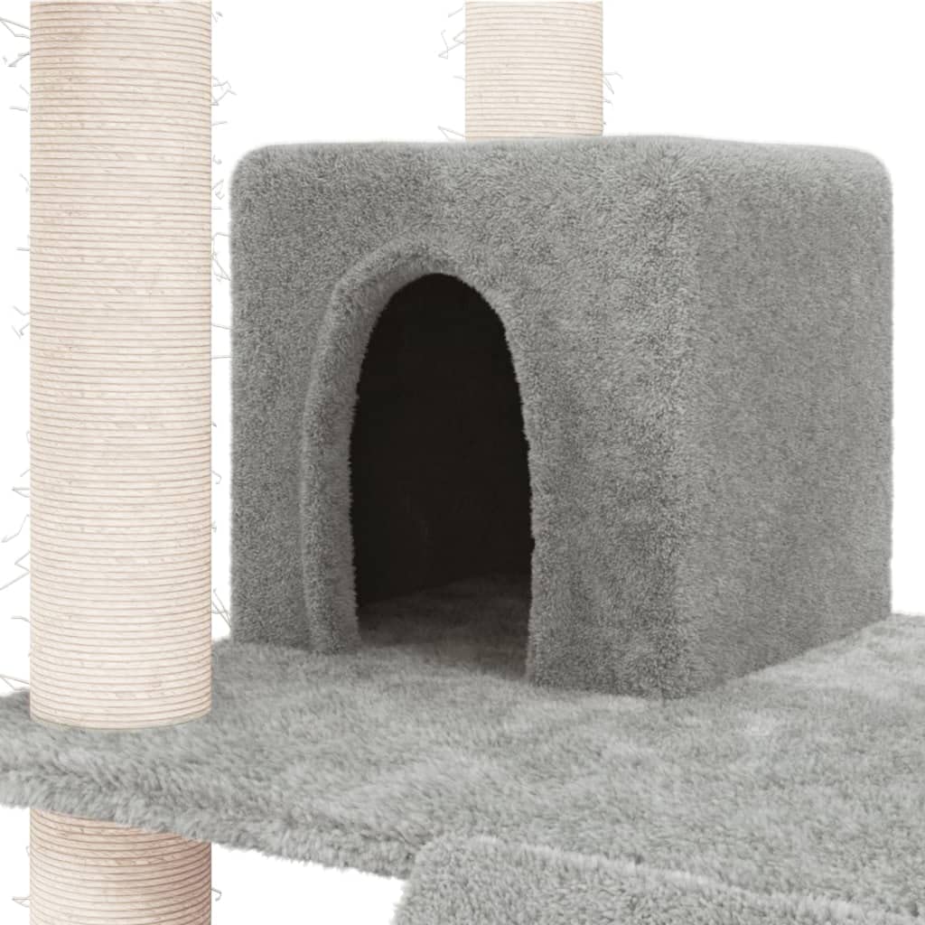 Kratzbaum mit Sisal-Kratzsäulen und Hängematte, 83 cm hoher Katzenturm mit Kuschelhöhle und Plattform, stabiles Katzenmöbel aus Holzwerkstoff und Plüsch, Hellgrau