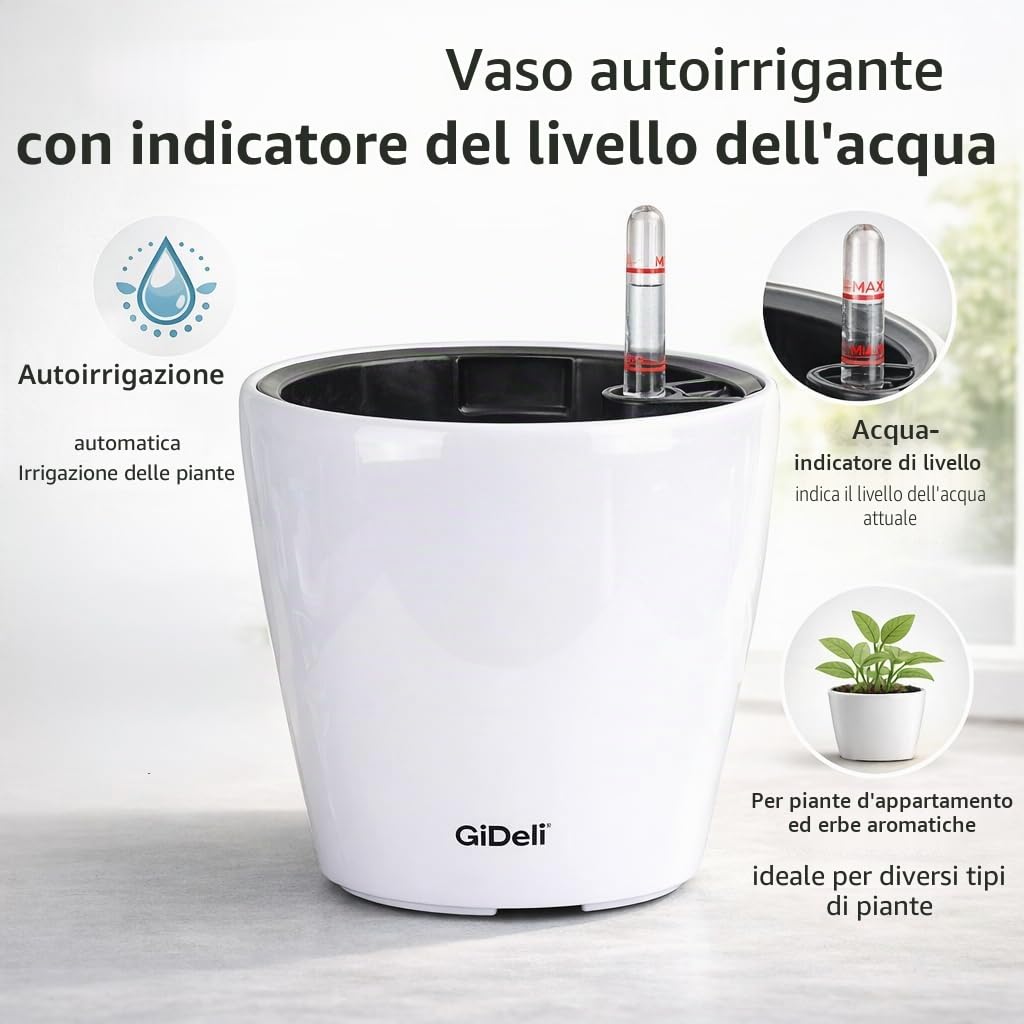 GiDeli Vaso autoirrigante - Vaso con sistema di auto-irrigazione con indicatore del livello dell'acqua - Vasi da fiori che proteggono da traboccamenti e decomposizione - Vaso per piante che fa