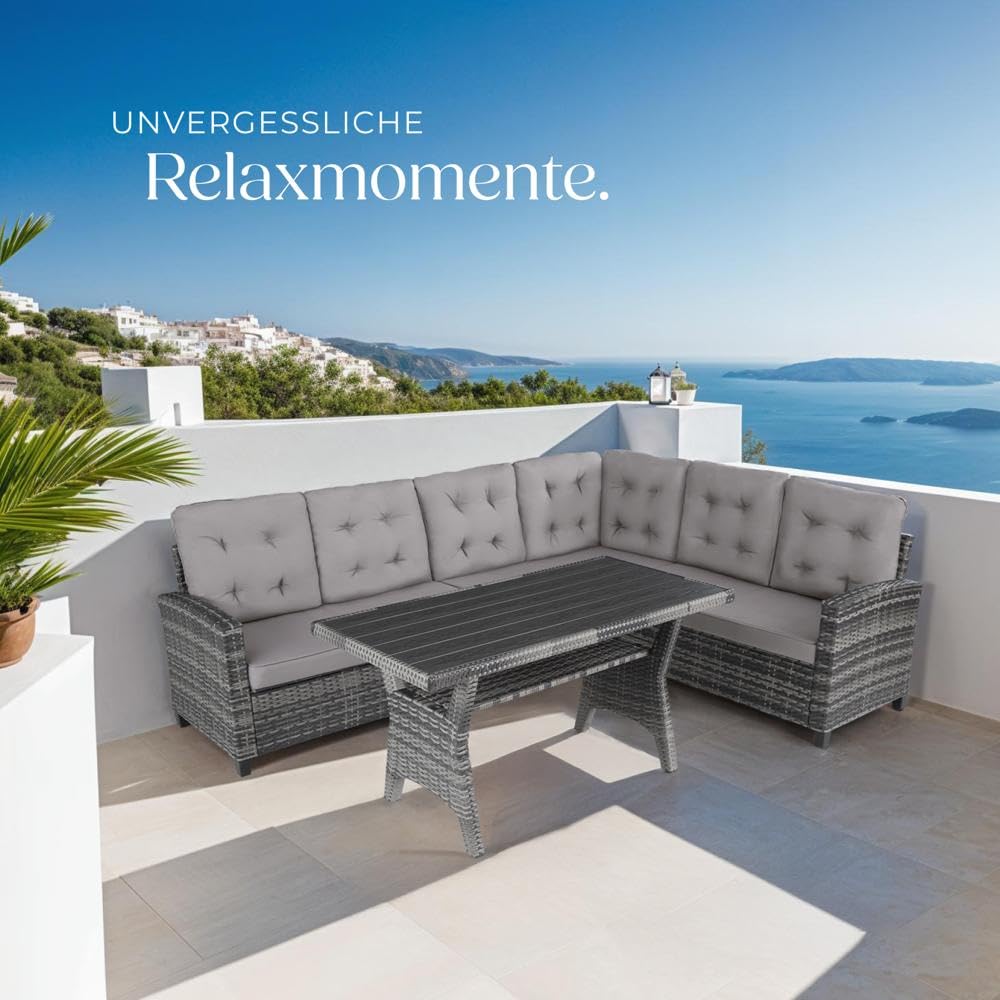 tectake® Gartenbank, Set mit Bank und Esstisch, Rattan Eckbank Outdoor Lounge, Sitzecke wetterfest als Gartenlounge, Balkon Möbel, Wintergarten, Terrasse - grau