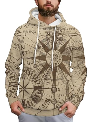 Sudadera con Capucha de Hombre con Mapa Mundial en 3D Estilo Vintage Talla Grande Manga Larga con cordón y Bolsillos