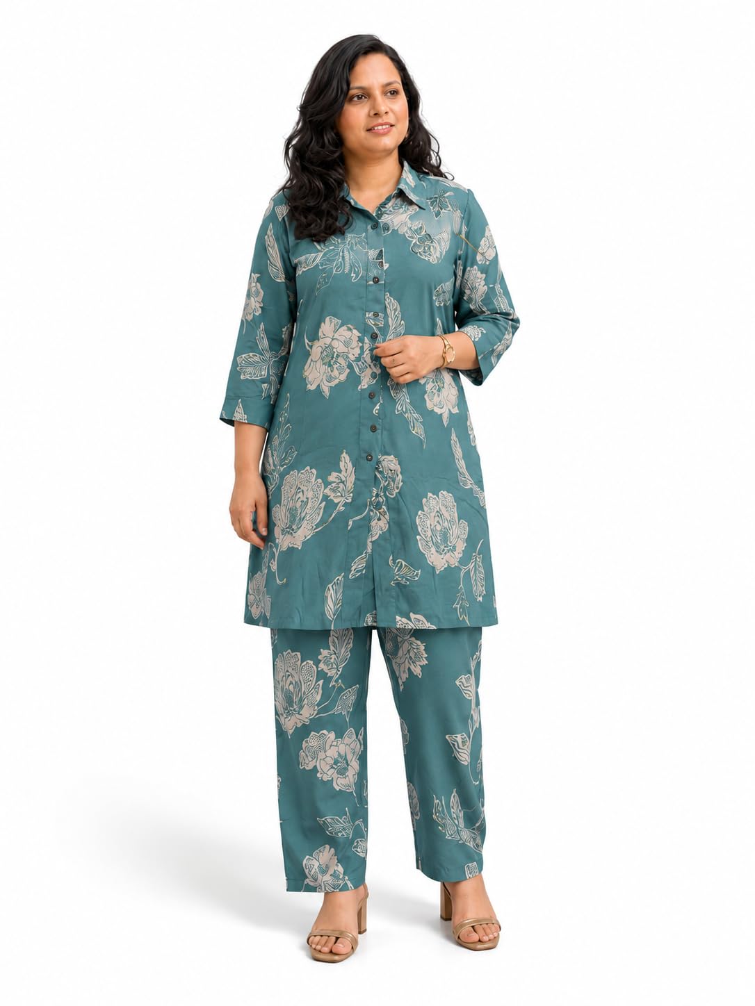 Women's Rayon Floral Co-ord Set, Teal Green, Top and Pants-image-39