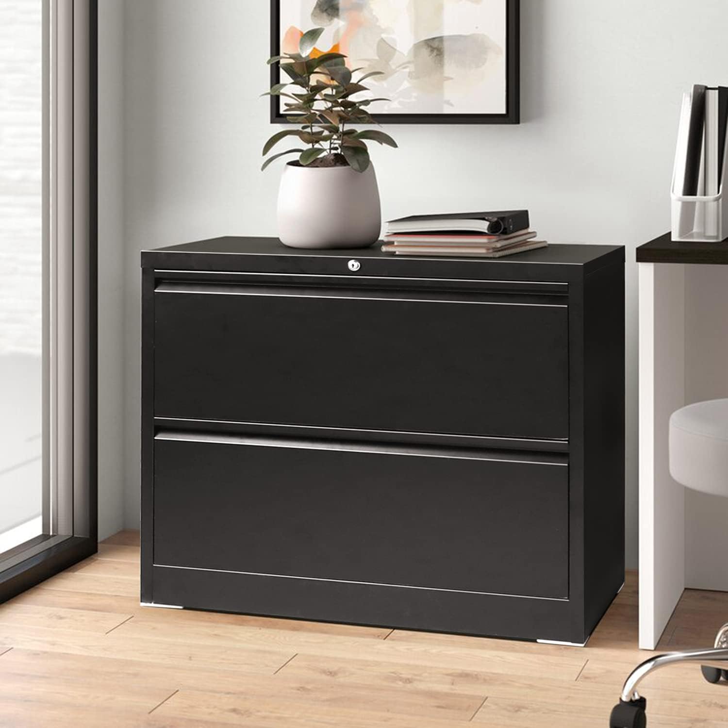 2 Drawer Lateral File Cabinet with Lock, Metal Office Lateral Filing Cabinet, Pataku Large Capacity Horizontal File Cabinet for Home and Office, Black : Office Products