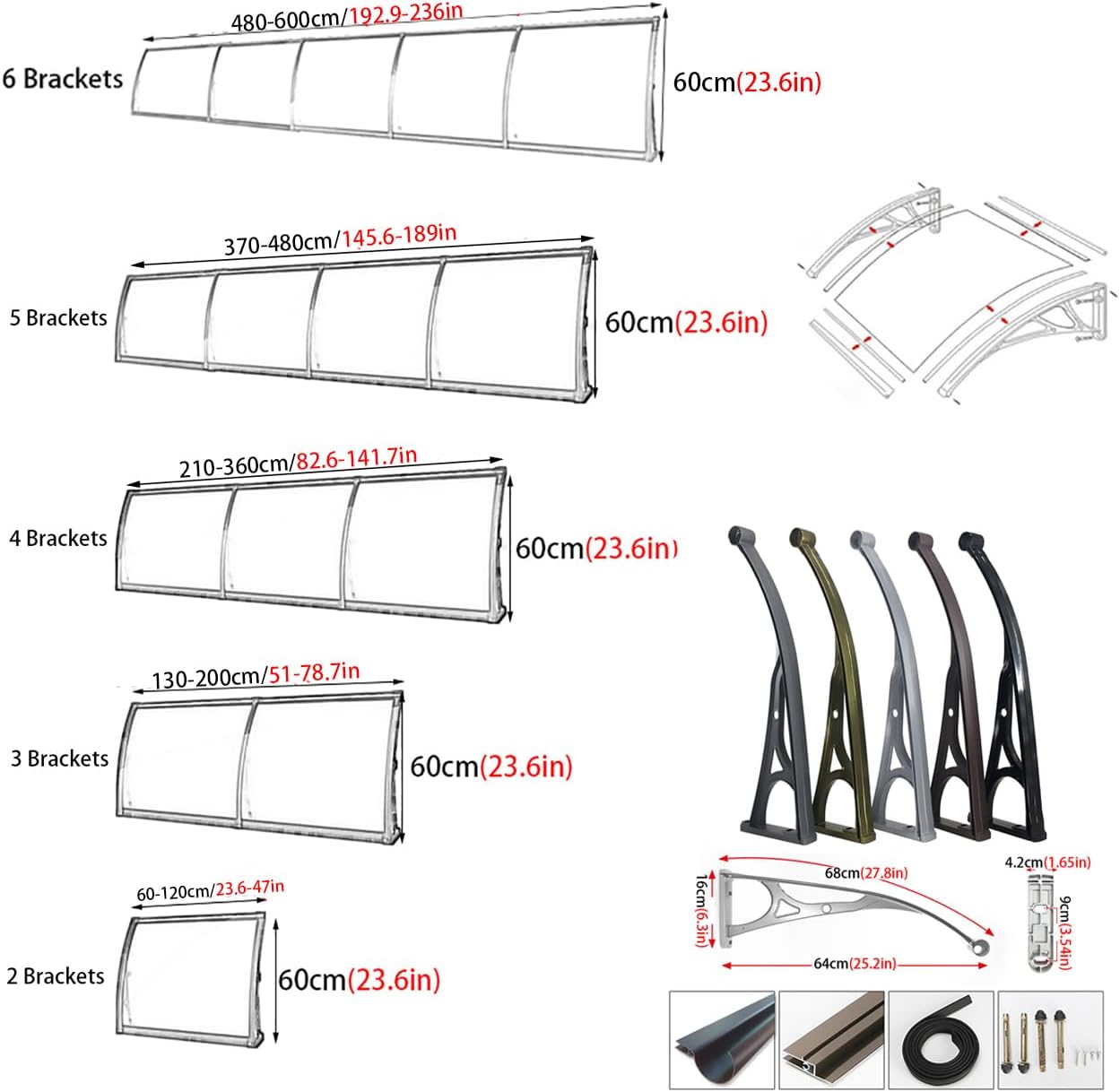 Front Door Patio Awning,Curved Door/Window Awning Window Garden Canopy Patio Porch Awning Outdoor Garden Shade Shelter for Patio Front Back Home House (60x160cm/24x63in)