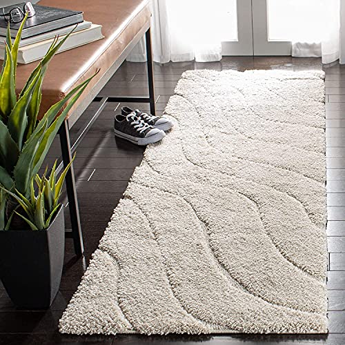 Image of (Pack of 2 Abstract Wavy Design Shaggy Carpet for Living Room, Bedroom, High Low Design Finish Microfiber 1.8 Inch Pile High, 2x5 Feet Runner Cream|Cream Color