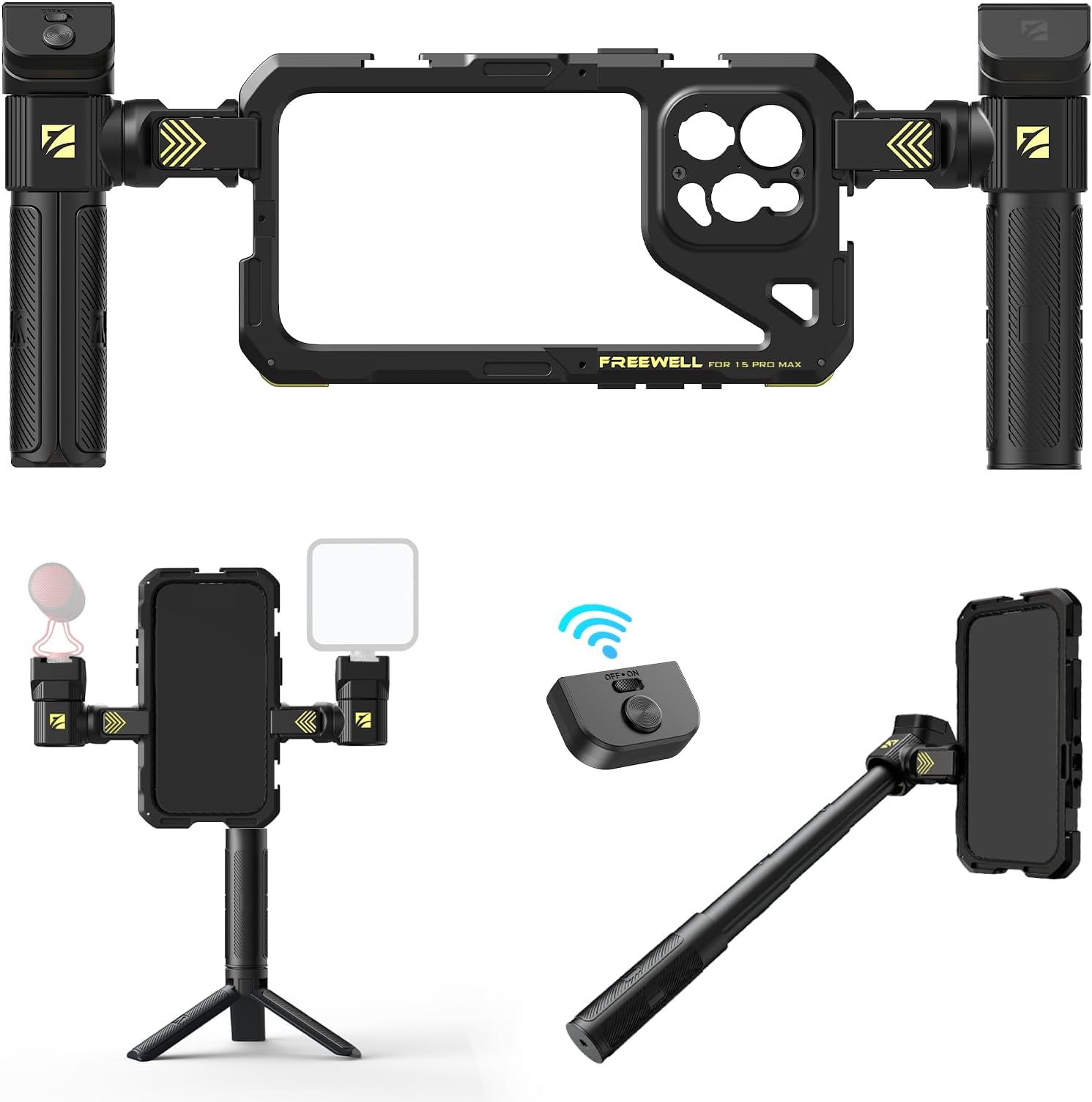 Genius Rig Cage for iPhone 15 Pro Max - Tool-Free Installation, Multifunctional Tripod & Monopod Handles, Bluetooth Remote