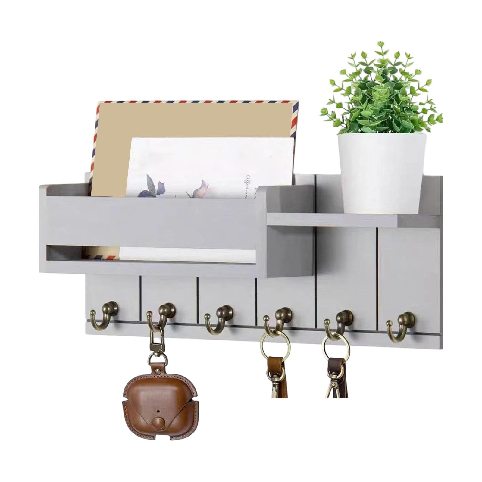 TQUXNGA Natural Wood Wall Storage Solution Having Multiple Compartments and Hooks for Mail Keeping and Decor Wall Mounted Shelf