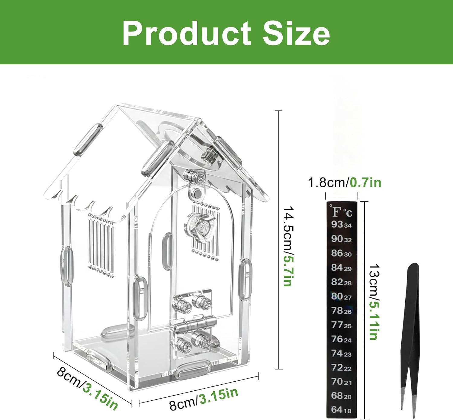 Jumping Spider Enclosure, Acrylic Terrarium with Magnetic Front Door, Includes Tweezers and Aquarium Thermometer Strip, Habitat for Mantis, Arboreal Tarantulas & Snails