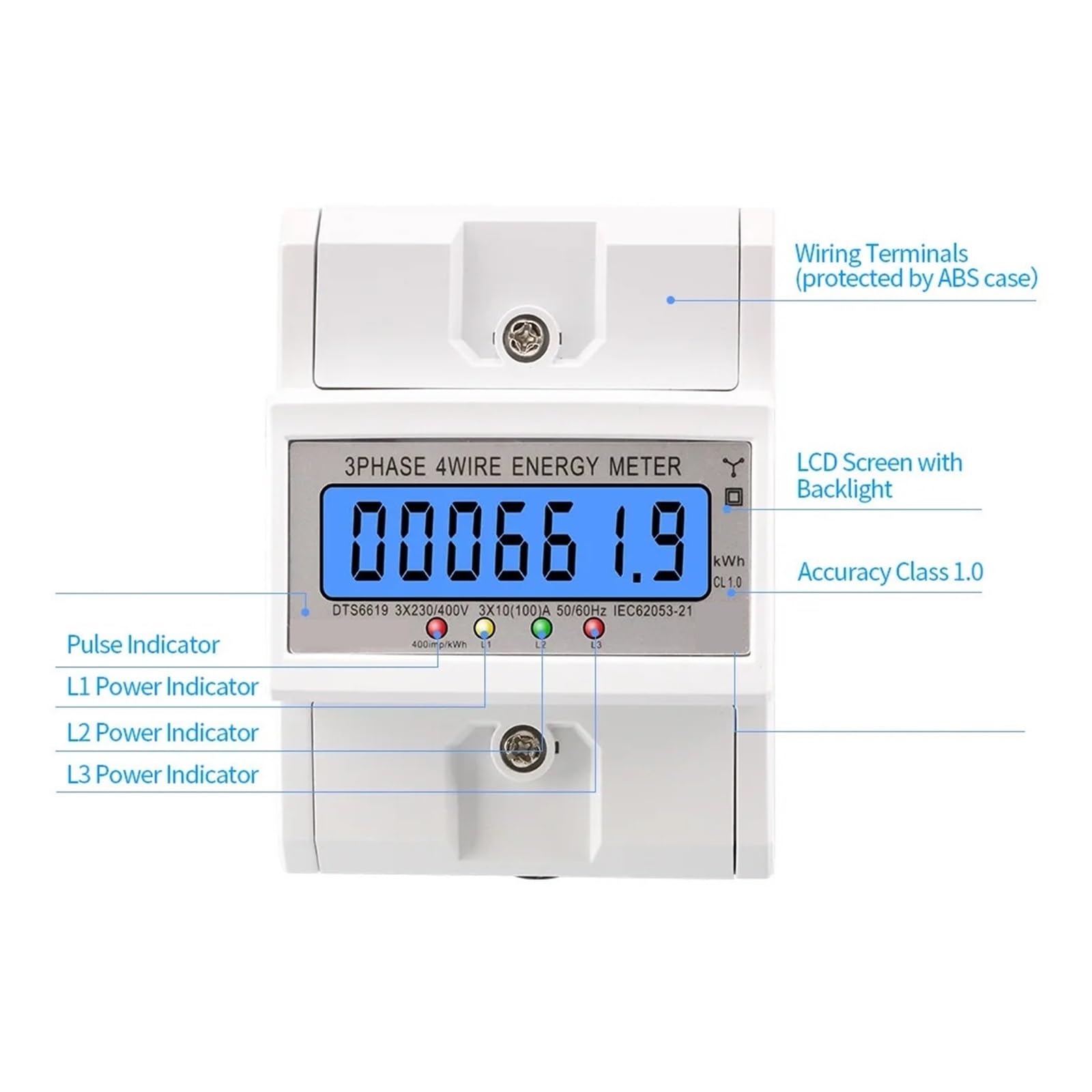 DTS6619 Misuratore Kwh Trifase 100A Display Digitale LCD Con Contatori Di Energia Elettrica Retroilluminata Monitor Contatore Elettrico Smart Rail(Transparent)