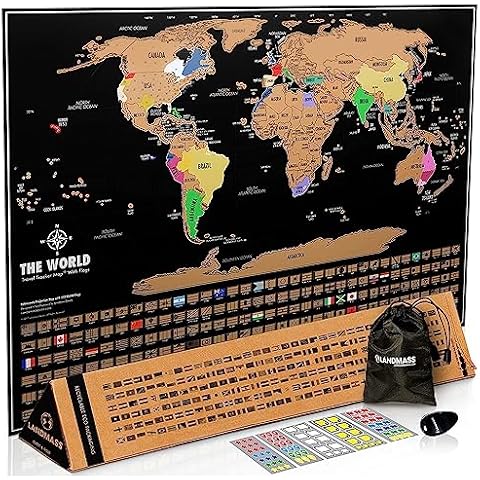 Landmass Scratch Off World Map, Deluxe Travel Tracker Map Poster with Flags, Detailed Cartography, Map of the World, Gift Idea for Travelers, Map Lovers, Wall Art, Home or Office Decor, 17x24 Inches Cover