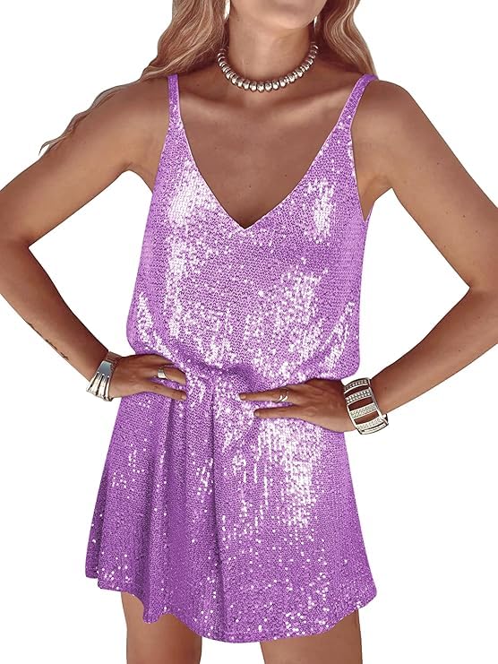 Image of Women's Summer Sleeveless Mini Dress Deep V-Neck Glitter Sequin Dress Sexy Short Dress