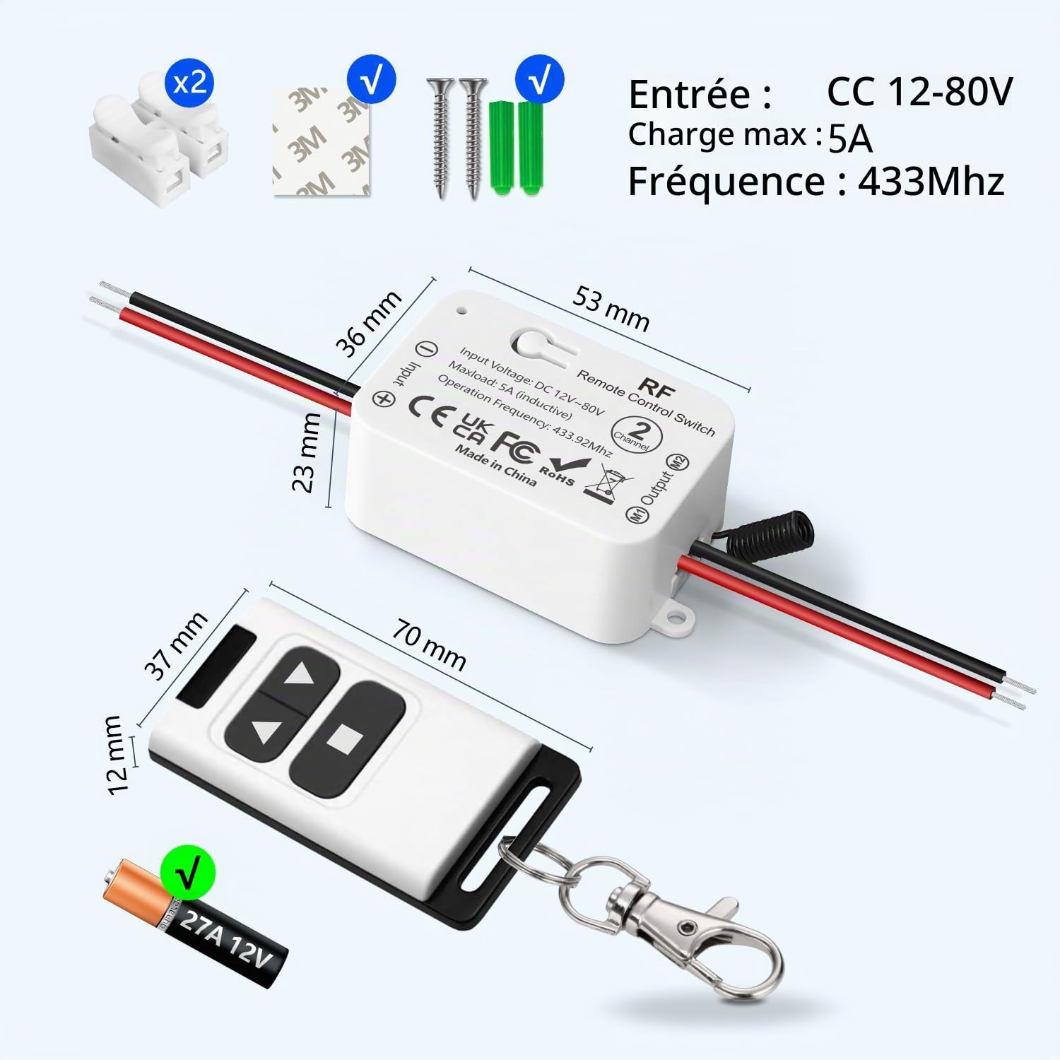 Interrupteur Télécommande Sans Fil Moteur CC 12V 24V 80V Contrôle Marche Avant/Arrière. Compatible portes de garage, portails, volets roulants, stores électriques, pompes. Livré avec 2 télécommandes