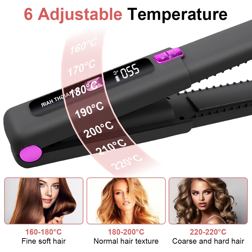 Plancha de Pelo Inalámbrica, 160-220°C Plancha Pelo Viaje 2 en 1, Portátil Mini Rizador Pelo, Iones Negativos Anti-estática Reducir el Daño Capilar,Calentamiento Rápido,6 Niveles,Pantalla LCD C