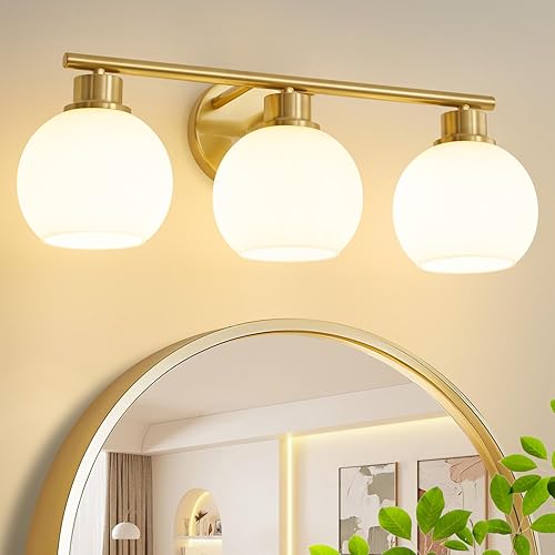 Miniatura 14 de Lámparas de baño sobre espejo, 2 luces, lámpara de tocador de baño con pantalla de vidrio transparente de 13.8 pulgadas, aplique de pared dorado de