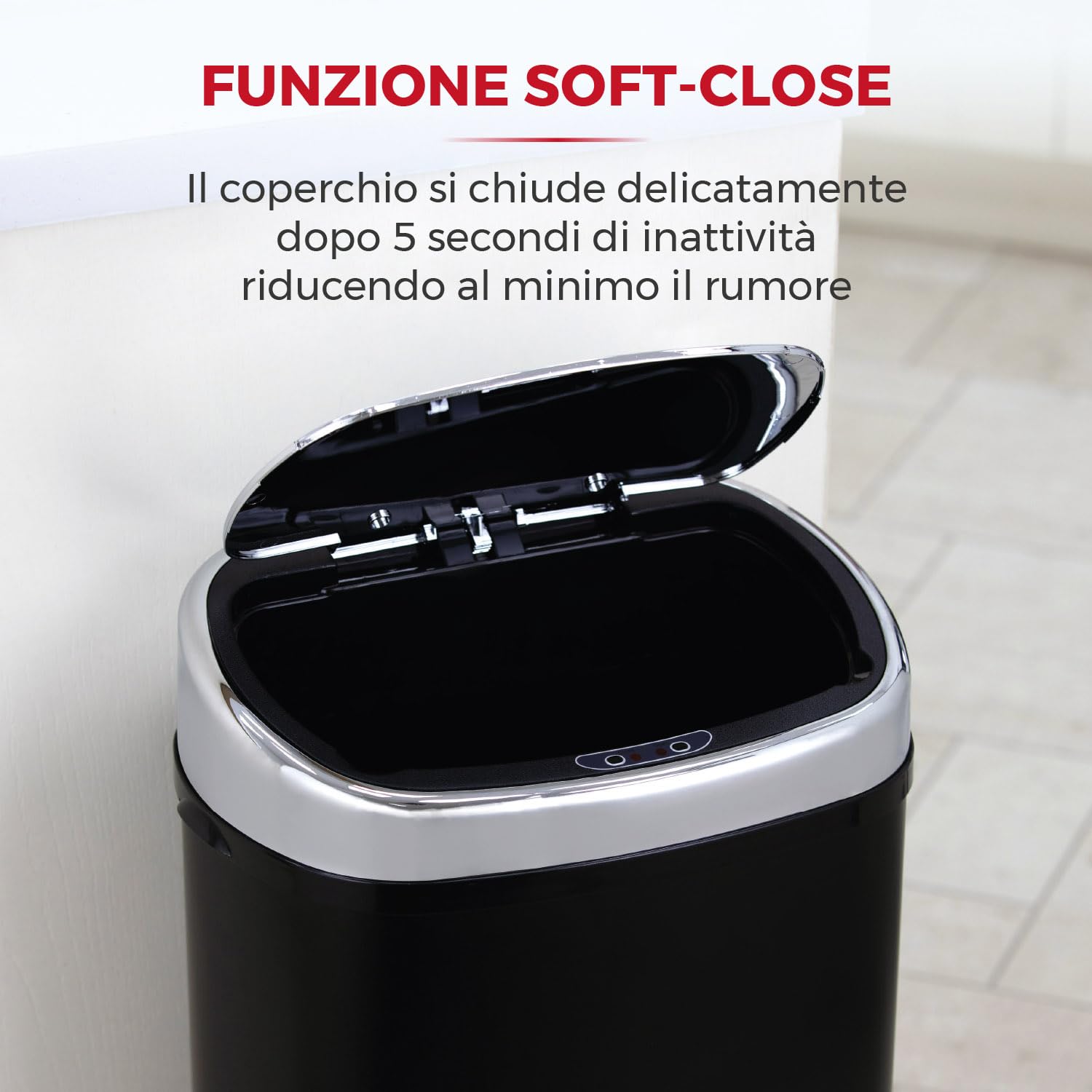 Tower T80900 Cestino Spazzatura in Acciaio Inossidabile con Sensore per Apertutra Automatica, Pattumiera Automatica con Opzione Override Manuale, Secchio Spazzatura 58L, Cestino Smart, Nero