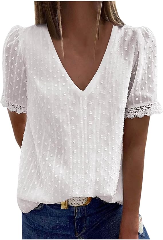 Dasongff - Maglietta estiva da donna, elegante, vintage, in pizzo, scollo a V, scollo rotondo, a maniche corte, in cotone, stile casual, con pizzo