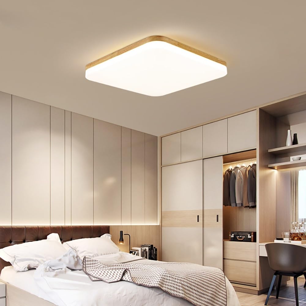 Lampy Sufitowa LED Kwadratowa Drewno Minimalistyczna Ultra Cienka, Plafon Styl Japoński Panel Oświetlenie Sufitowe do Sypialni Gabinetu(3 modes,53cm/20.86in)