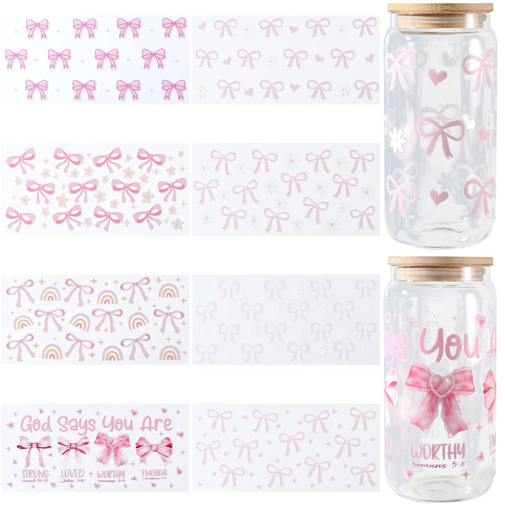 SOFPLATE 8 Sheets 8 Styles Glass Cup Sticker Wrap Waterproof Pink Bow Decals Heart Flower Rainbow Bowknot Pattern UV DTF Cup Wraps Stickers for Water Bottles Glass Creative Gifts Wood Decoration