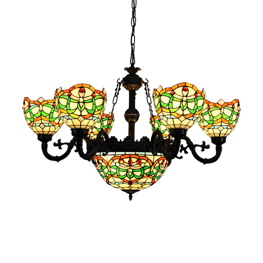 Vintage Tiffany Style Stained Glass 6 Arms Green Crown Pattern Chandelier with 12 Inches Inverted Ceiling Pendant Lamp