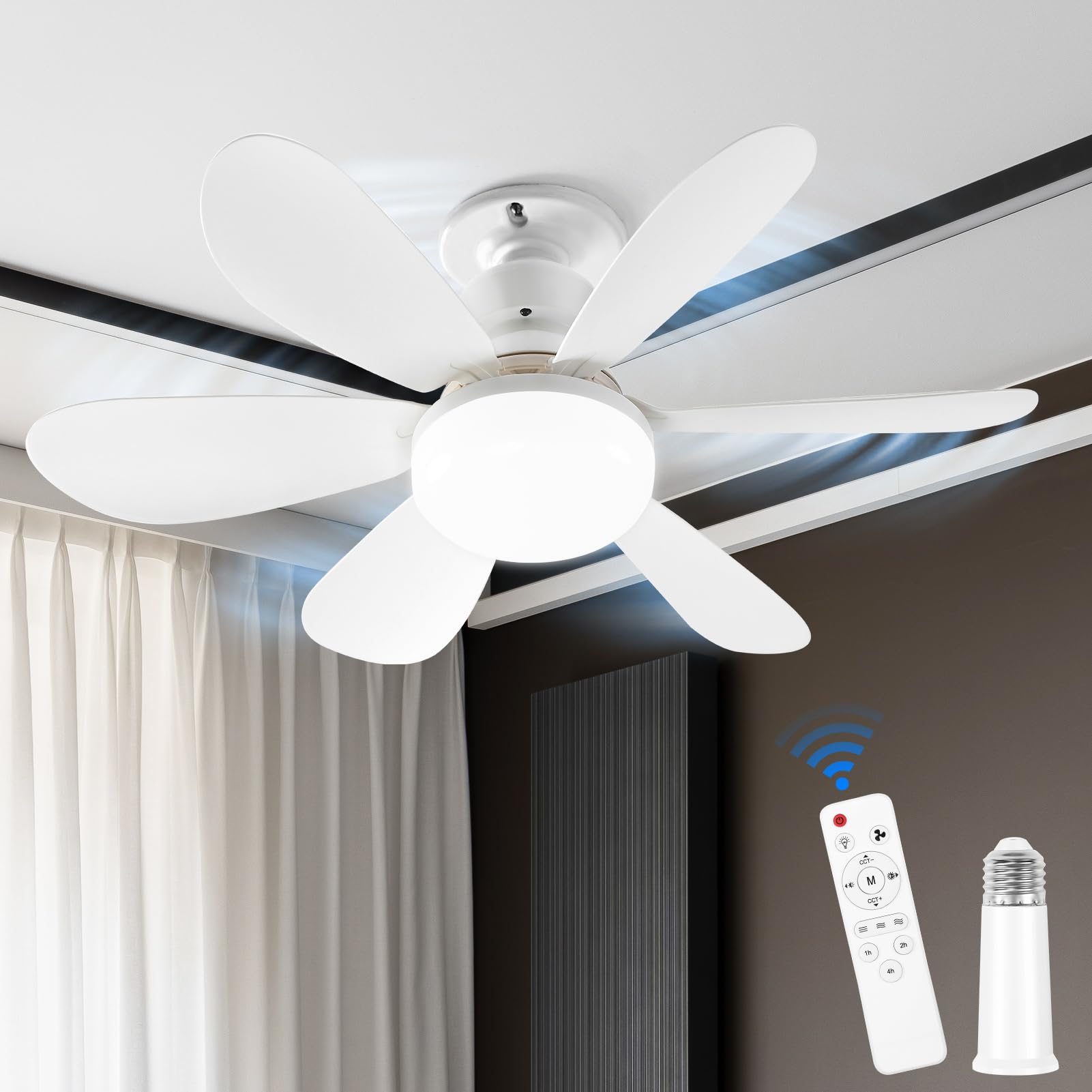 Socket Fan Light, 20.5 Inch LED Ceiling Fans with Light and Remote, Fan Light Bulb of 3 Colors 3000K-6500K, 1500 Lumens Light Bulb Screw in Ceiling Fan for Bedroom, Kitchen, Living Room, White