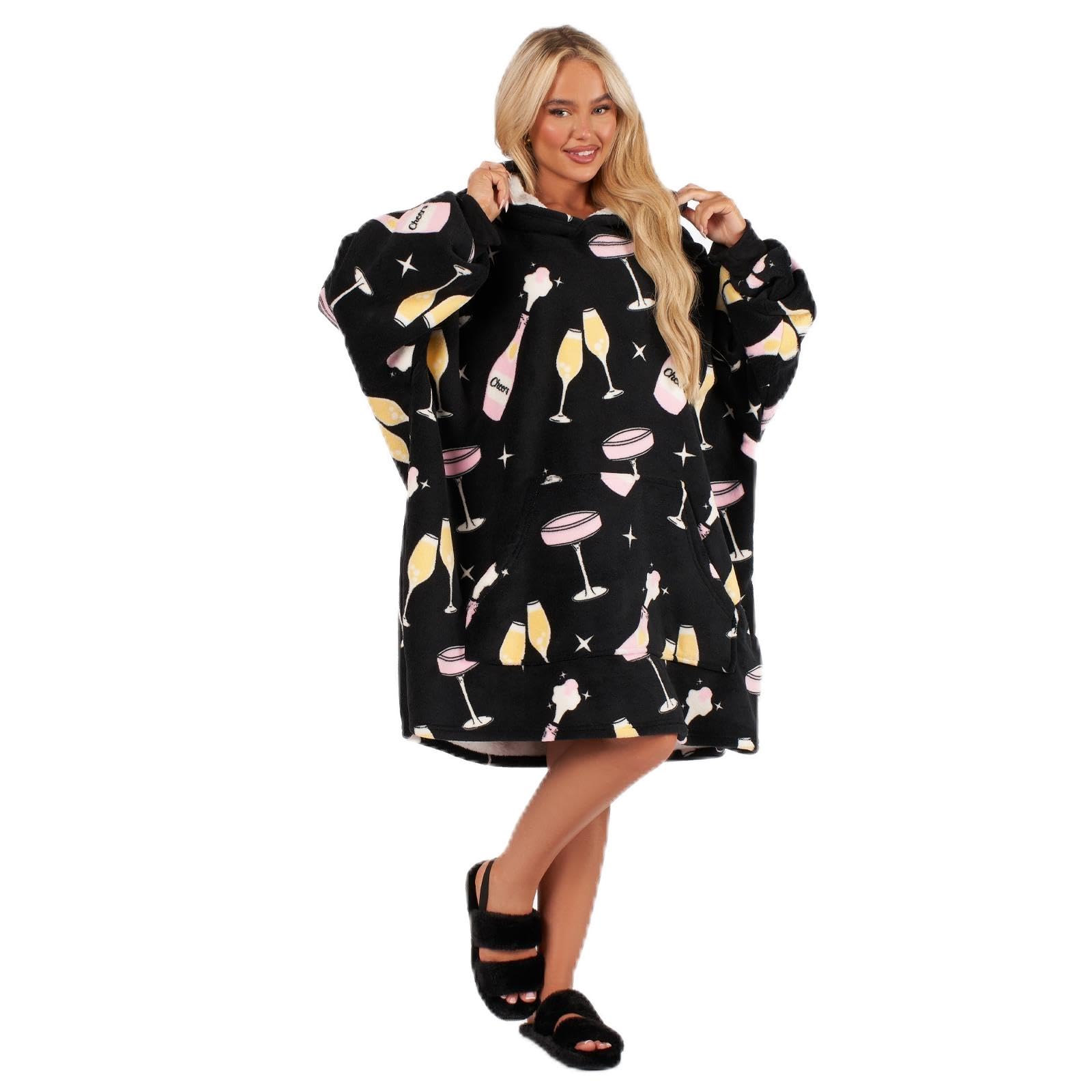 Ohs Women's Black Champagne Hoodie Blanket Christmas Snuggle Hoodie Sherpa Fleece Winter Warm Soft Fluffy Oversized Blanket Hoodie For One Size