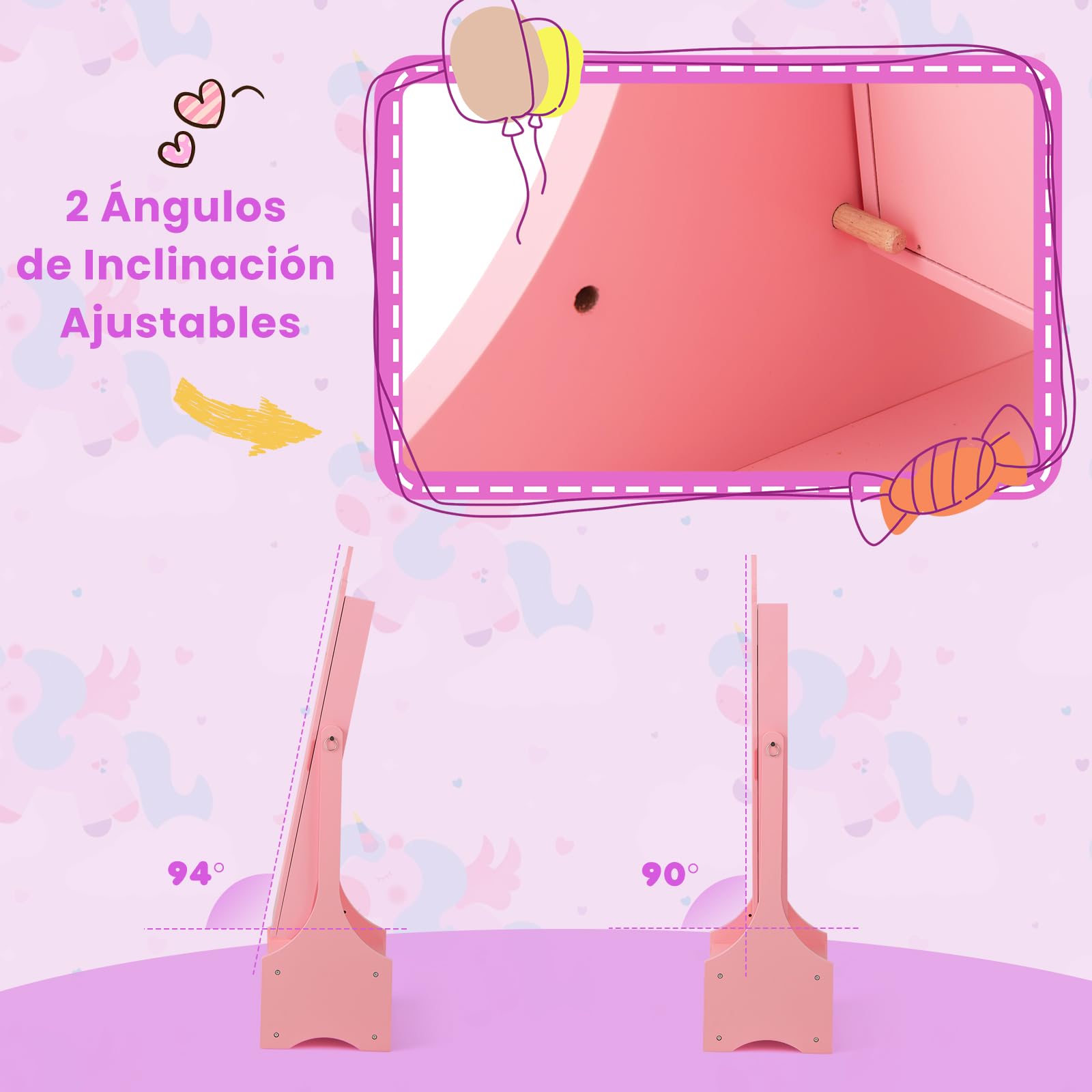 GOPLUS Armario de Joyería para Niños con Espejo de Cuerpo Completo, Organizador de Joya de Pie con Cajón Plegable, 2 Ángulos de Inclinación Ajustables, Armario de Joyas Infantil (Rosa)