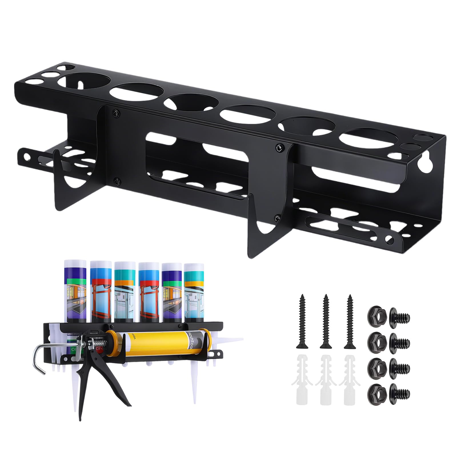 Supporto per siringa in silicone Porta Bombolette a Parete Multifunzionale con Alloggiamento Pistola Colla - Organizzatore per Spray, Adesivi- Ideale per Garage, Officina, Negozio - Nero