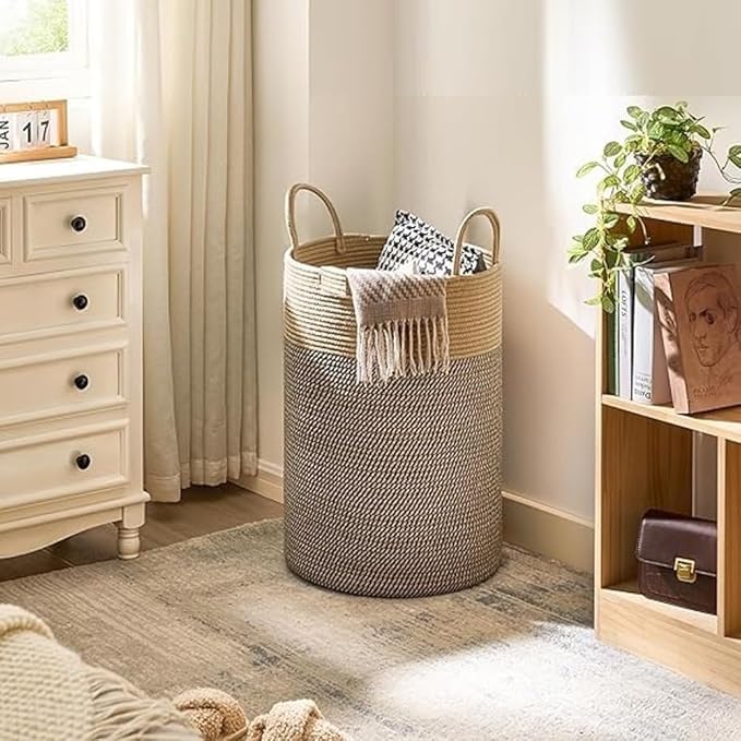 Image of Laundry Basket for Clothes | Large Cotton Rope Basket | Foldable Laundry Hamper with Handles | Clothes Storage Basket for Bedroom, Bathroom & Laundry Room | 33 x 33 x 38 cm