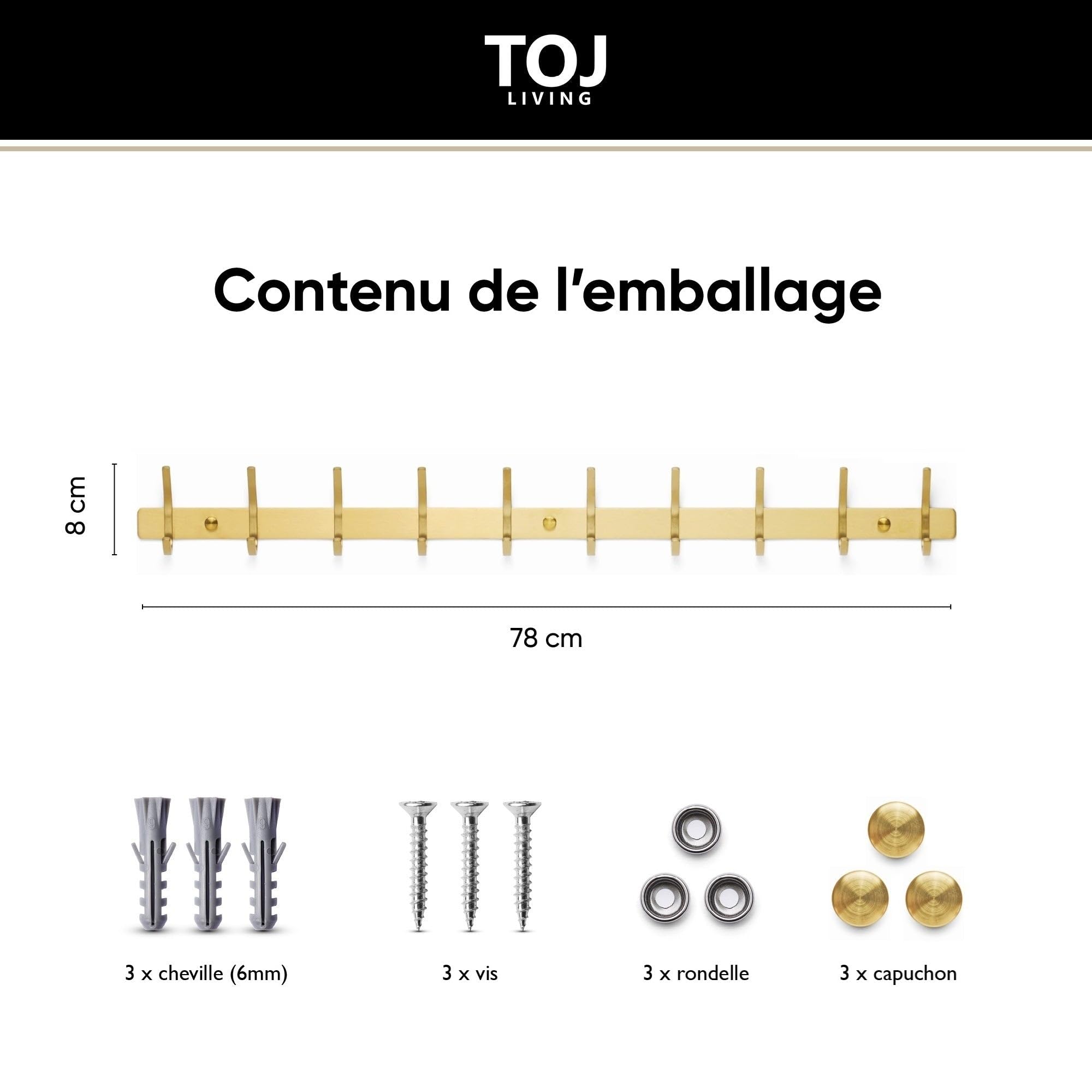 Perchero De Pared TOJ Living De 78 Cm Y 20 Ganchos, En Acero Inoxidable Color Oro, Para Entrada Y Dormitorio