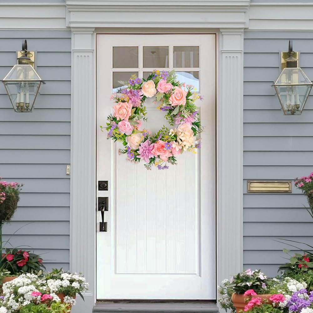Couronne de printemps de pivoine pour porte d'entrée d'été à l'extérieur, couronnes de roses artificielles de 45,7 cm, couronne de feuilles de verdure pour toutes les saisons, décoration murale